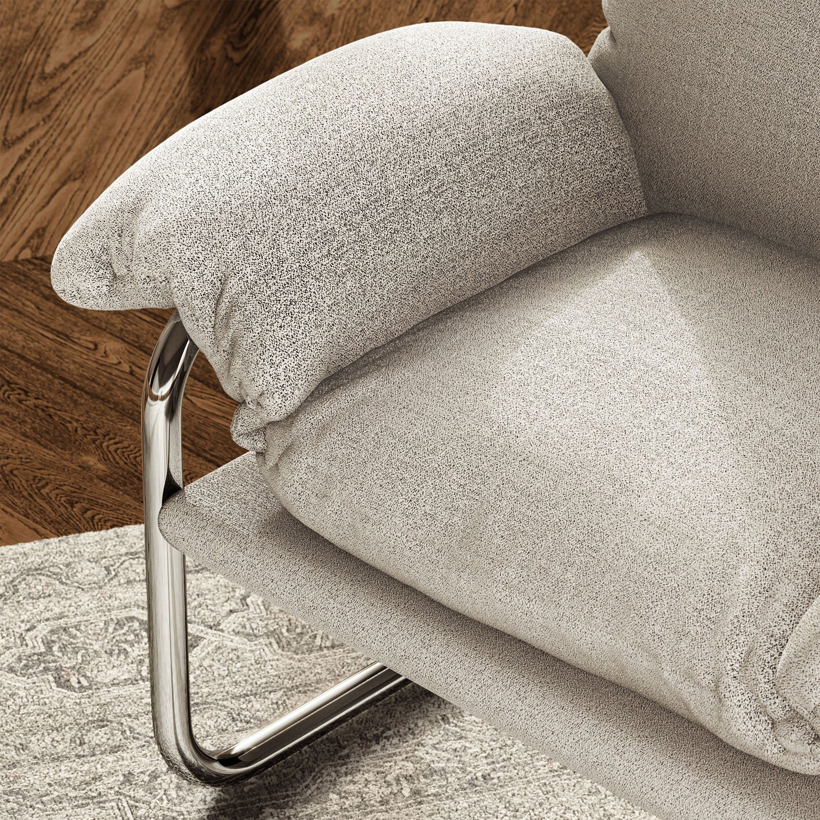 Textured boucle upholstery and cushioned arm bolster bring cozy comfort to living spaces. || EEI-7180-NPT || detail_room