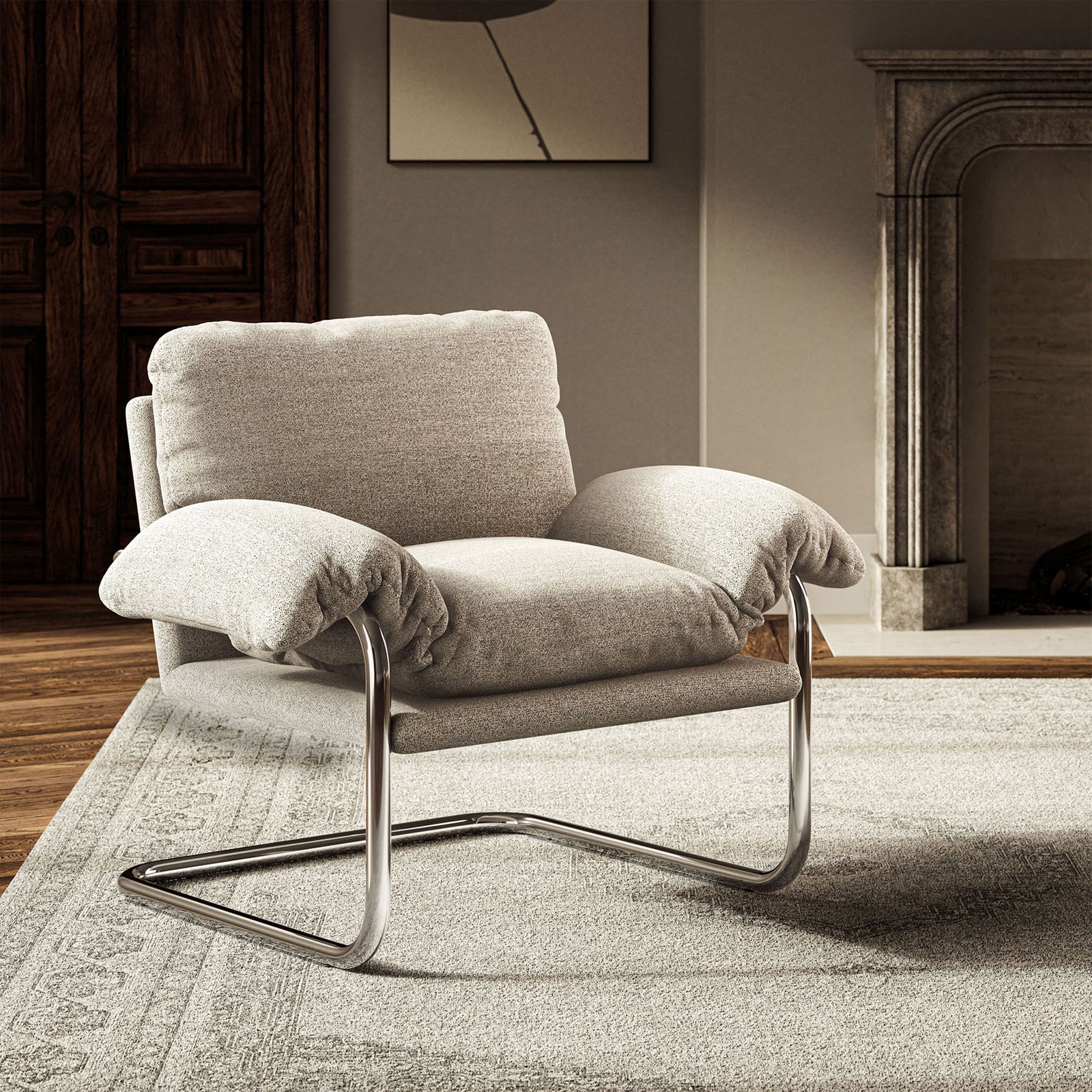 Inviting lounge chair adds mid-century character with its cushioned profile and polished base. || EEI-7180-NPT || front_angle_room