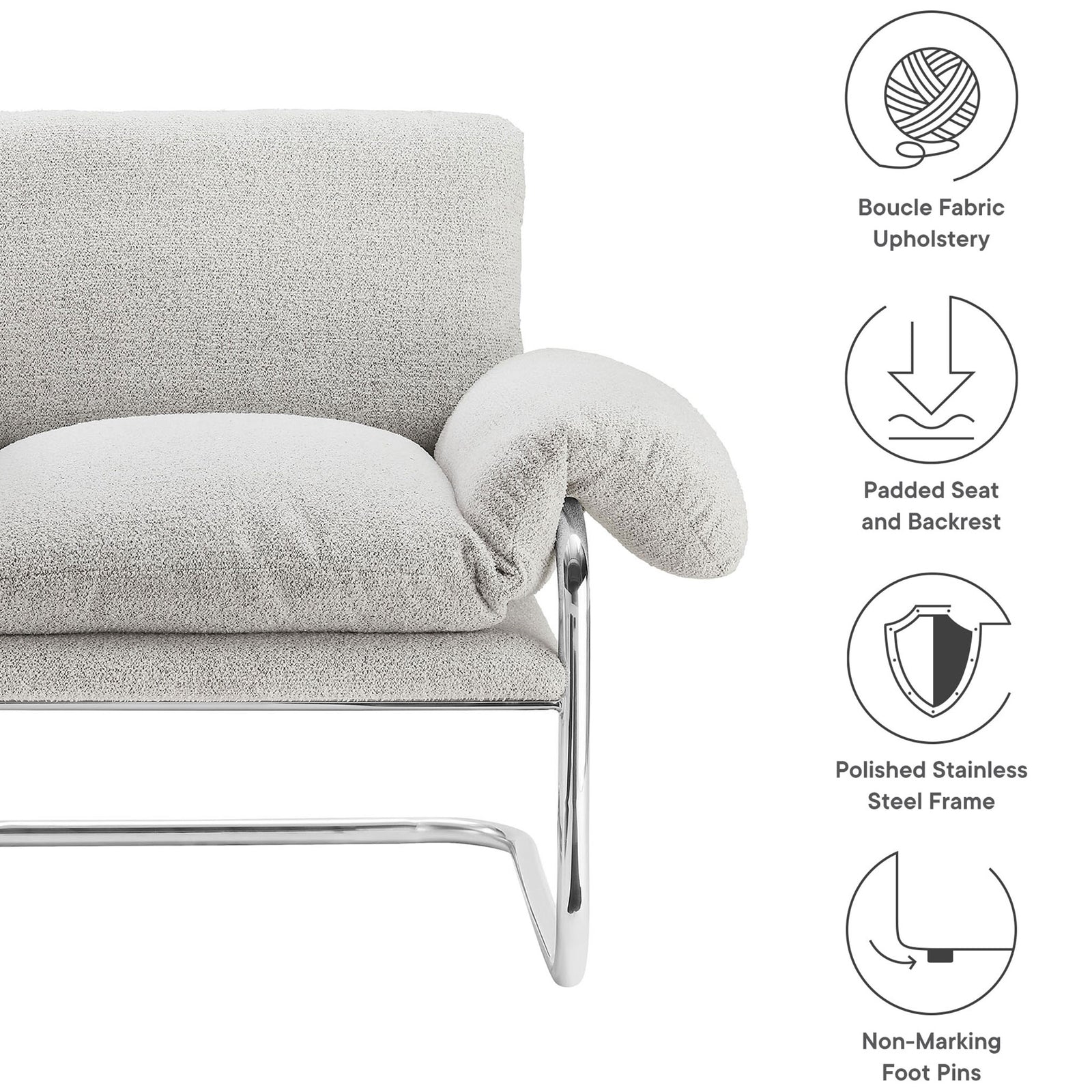 Boucle upholstery, padded comfort, and a polished stainless steel frame with non-marking feet. || EEI-7180-NPT || callout_studio