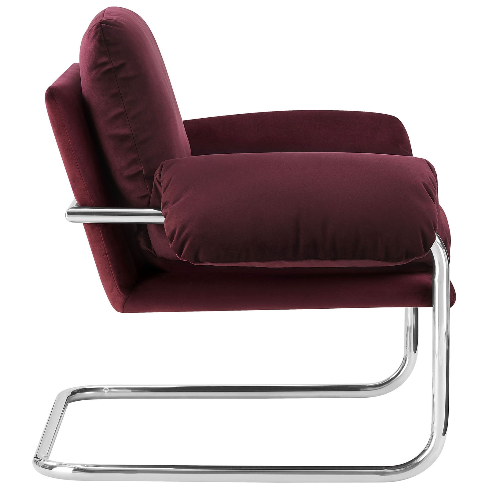 Sleek silhouette highlights overstuffed arms and chrome sled base in rich mulberry velvet || EEI-7181-MUL || side_studio