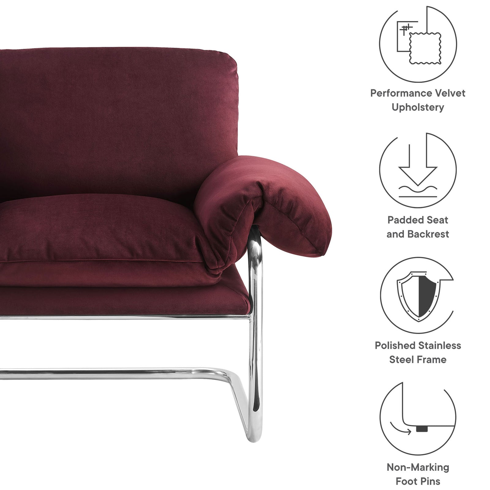 Performance velvet chair with padded seat, polished steel frame, and non-marking foot pins || EEI-7181-MUL || callout_studio