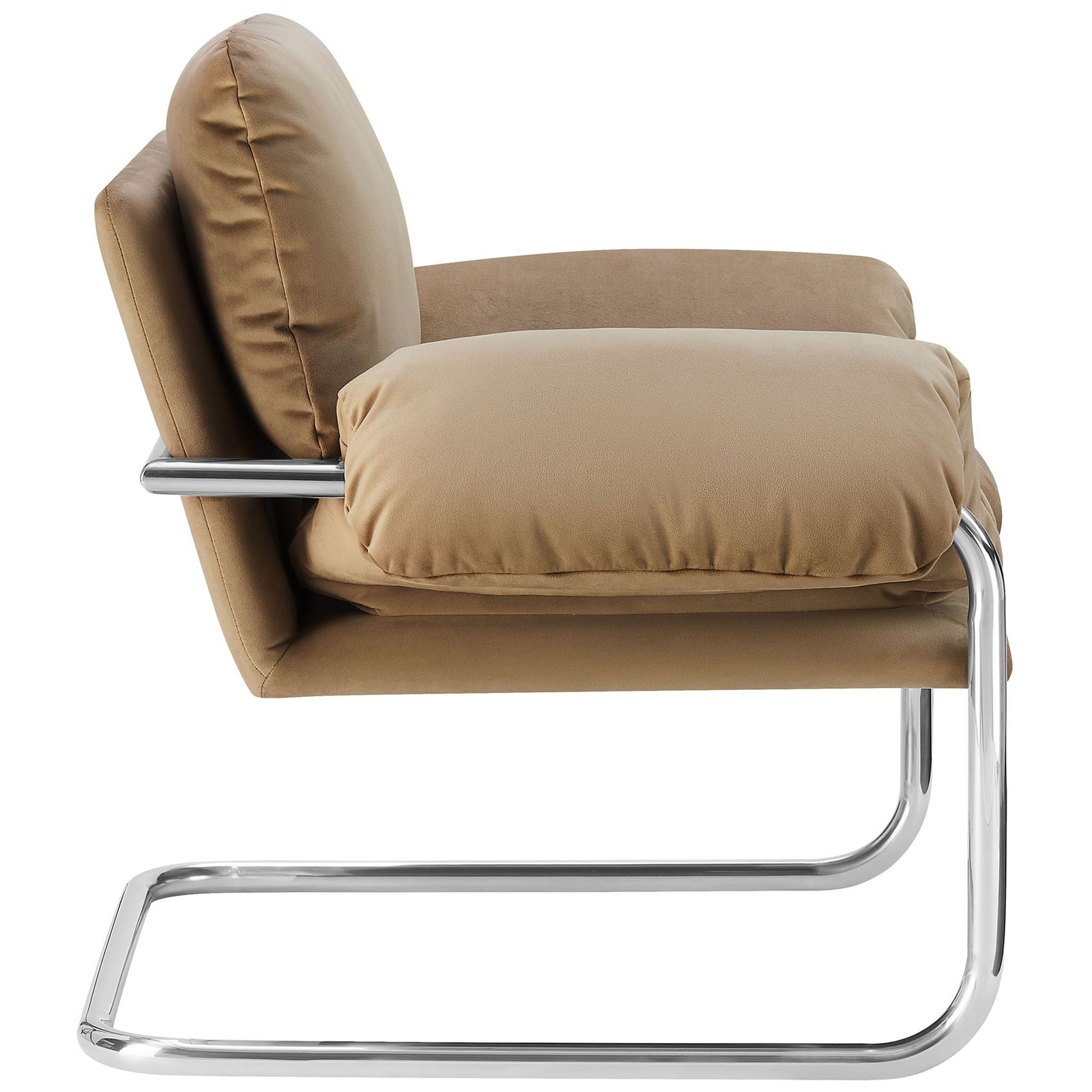 Sleek cantilever frame and generously padded seat deliver supportive comfort with vintage flair. || EEI-7181-TAU || side_studio