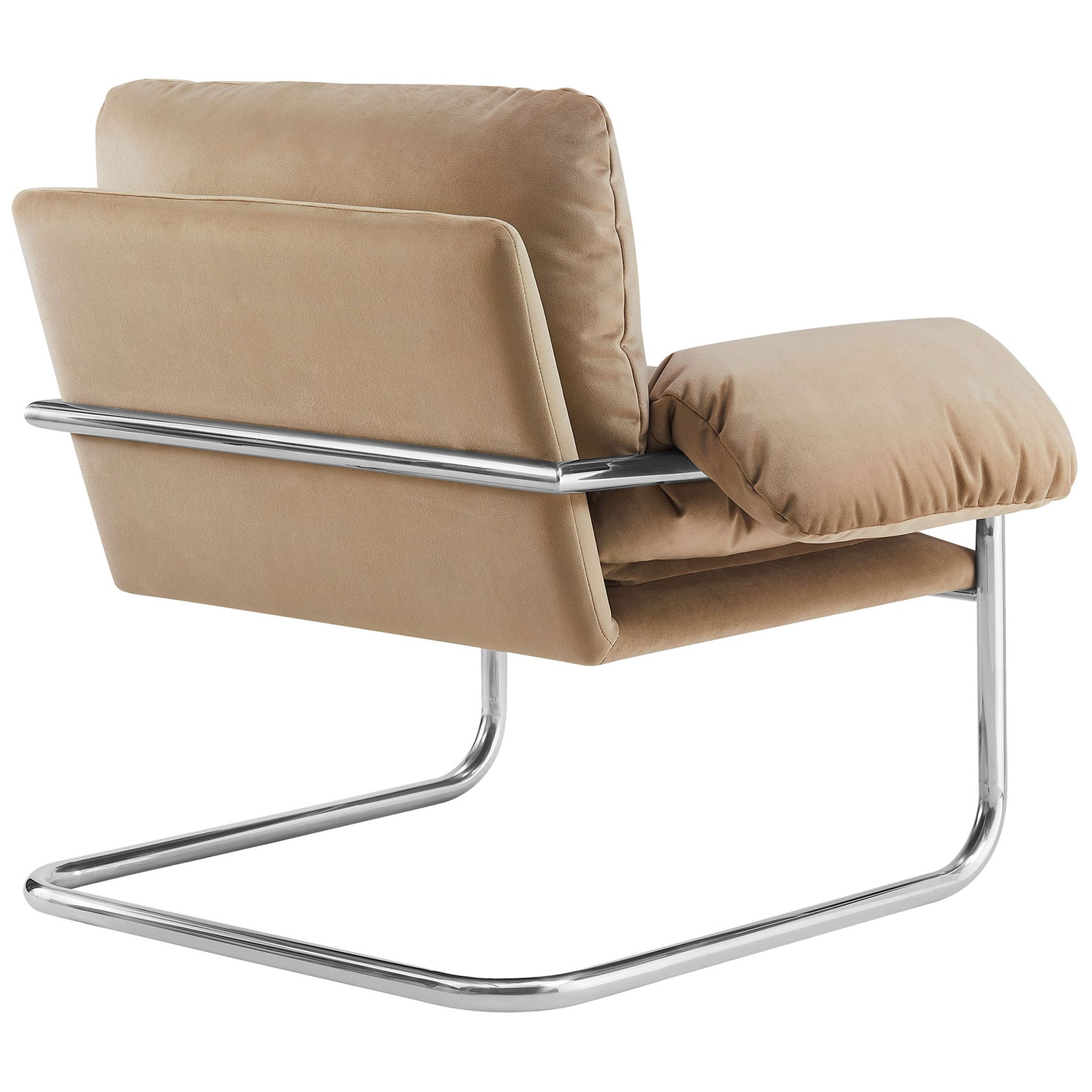 Streamlined backrest and wraparound steel frame showcase refined craftsmanship in a warm taupe hue. || EEI-7181-TAU || back_angle_studio