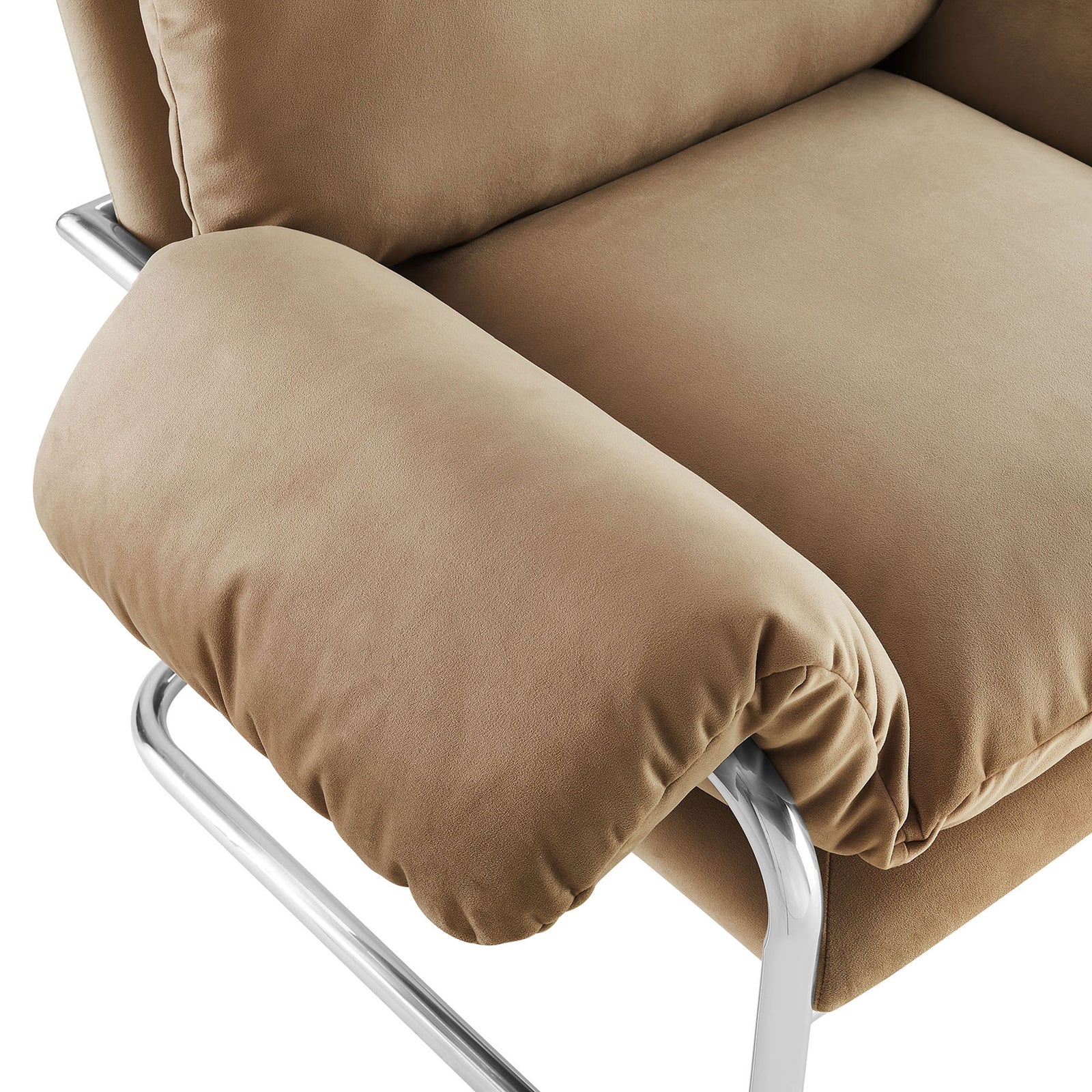Overstuffed arm cushion and smooth velvet upholstery invite lounging with a soft, tailored touch. || EEI-7181-TAU || detail_studio
