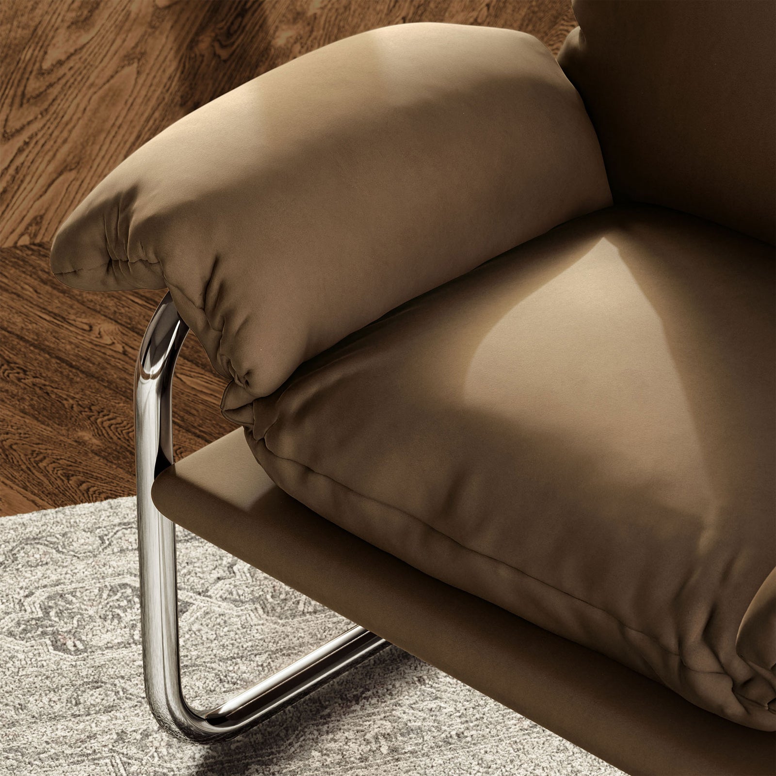 Luxe velvet sheen and plush cushioning meet smooth stainless steel tubing for elevated comfort. || EEI-7181-TAU || detail_room