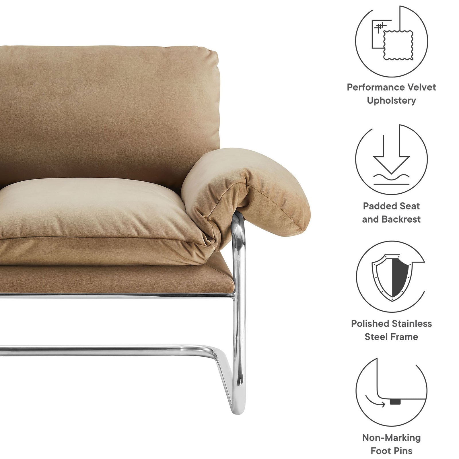 Performance velvet upholstery, padded comfort, and a polished steel frame enhance durability and style. || EEI-7181-TAU || callout_studio