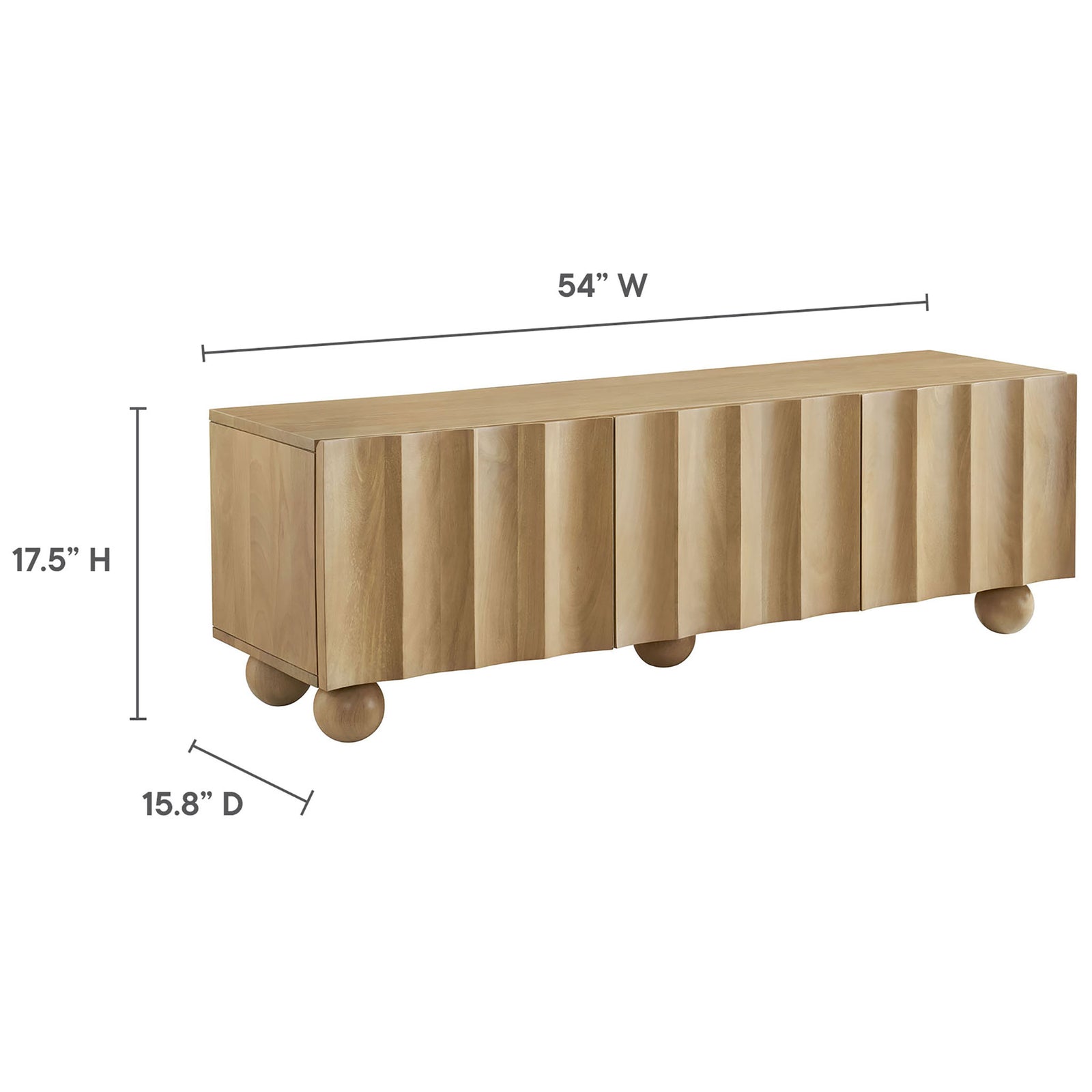 Natural wood TV stand with simple diagram showing overall width, height, and depth dimensions || EEI-7183-NAT || dimension_studio
