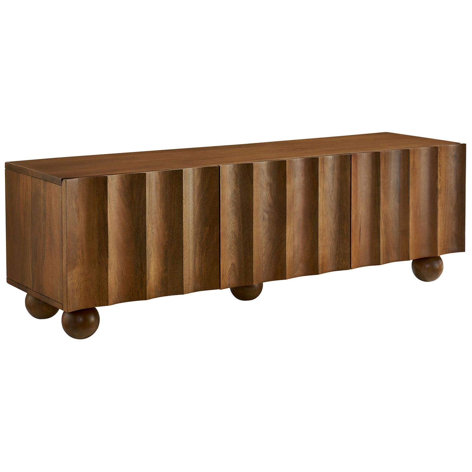 Walnut wood TV stand with scalloped front and rounded bun feet for warm modern media storage || EEI-7183-WAL || front_angle_studio