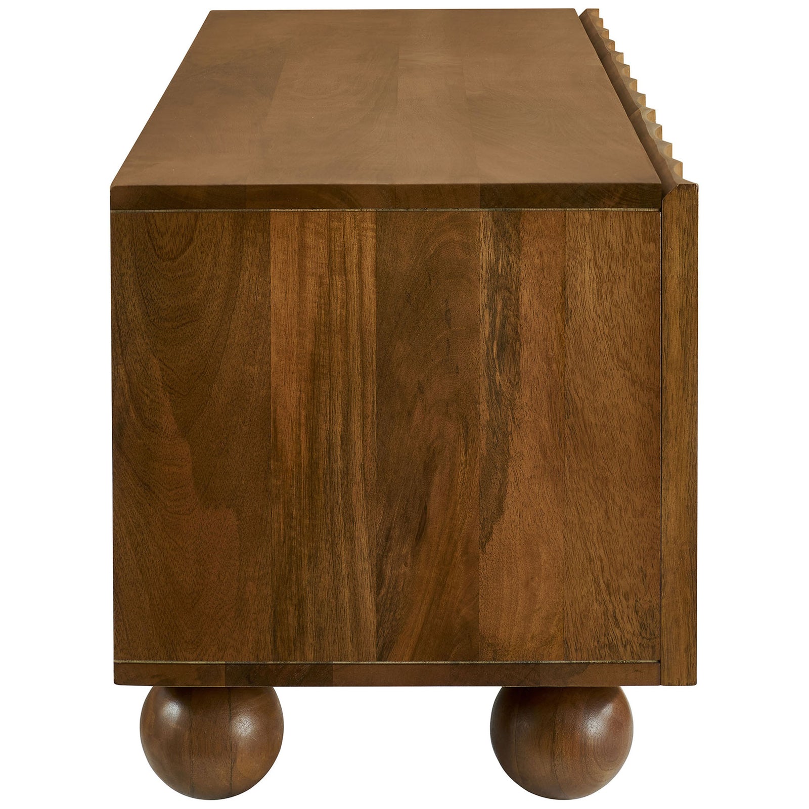 Walnut wood TV stand highlighting rich side panels, sculpted doors, and sturdy bun feet || EEI-7183-WAL || side_studio