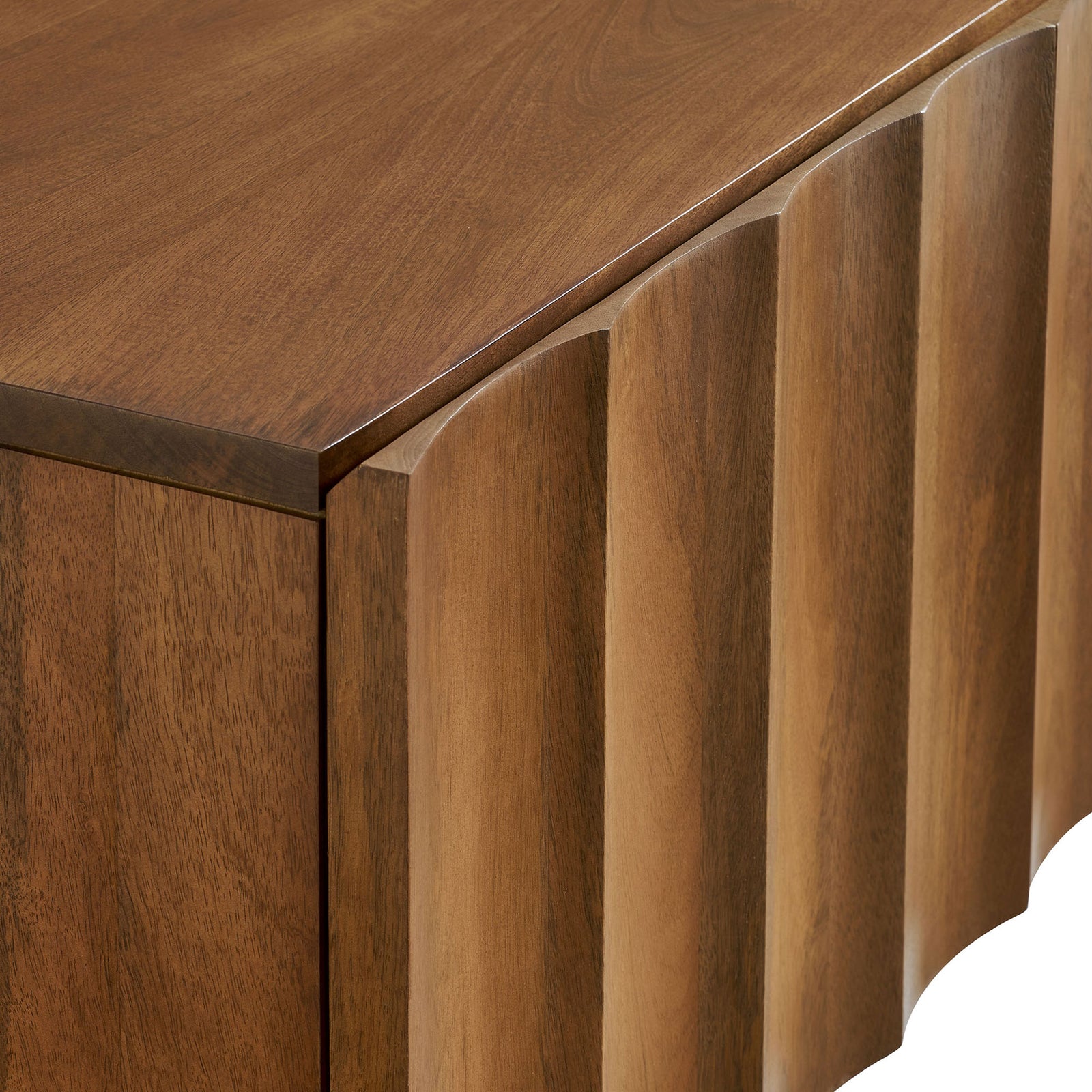 Scalloped walnut wood door texture and smooth top surface detail of the Sorren TV stand || EEI-7183-WAL || detail_studio