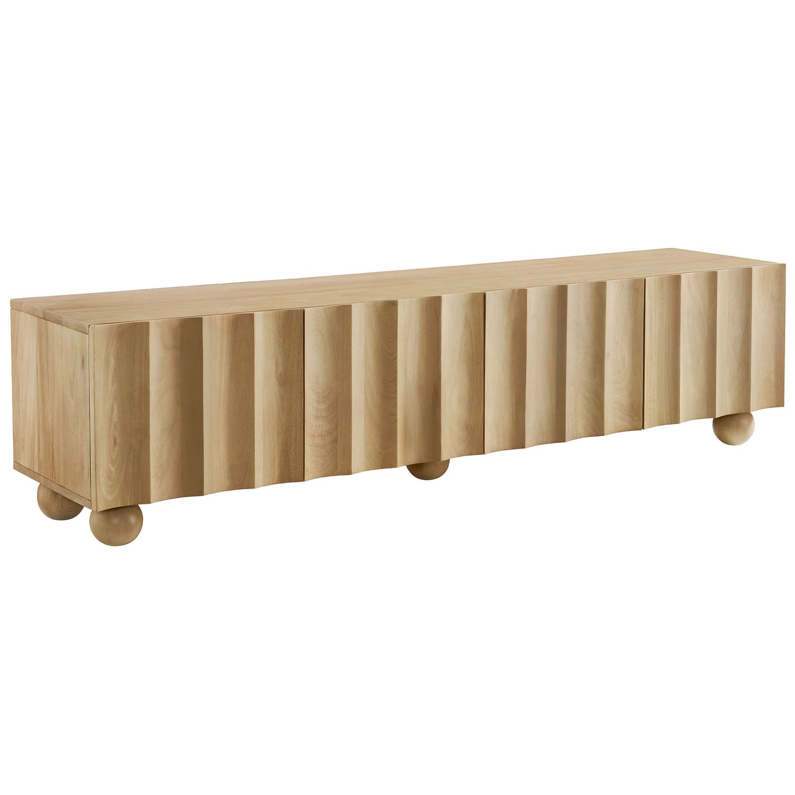 Long natural wood TV stand with scalloped door fronts and bun feet for generous media storage || EEI-7184-NAT || front_angle_studio