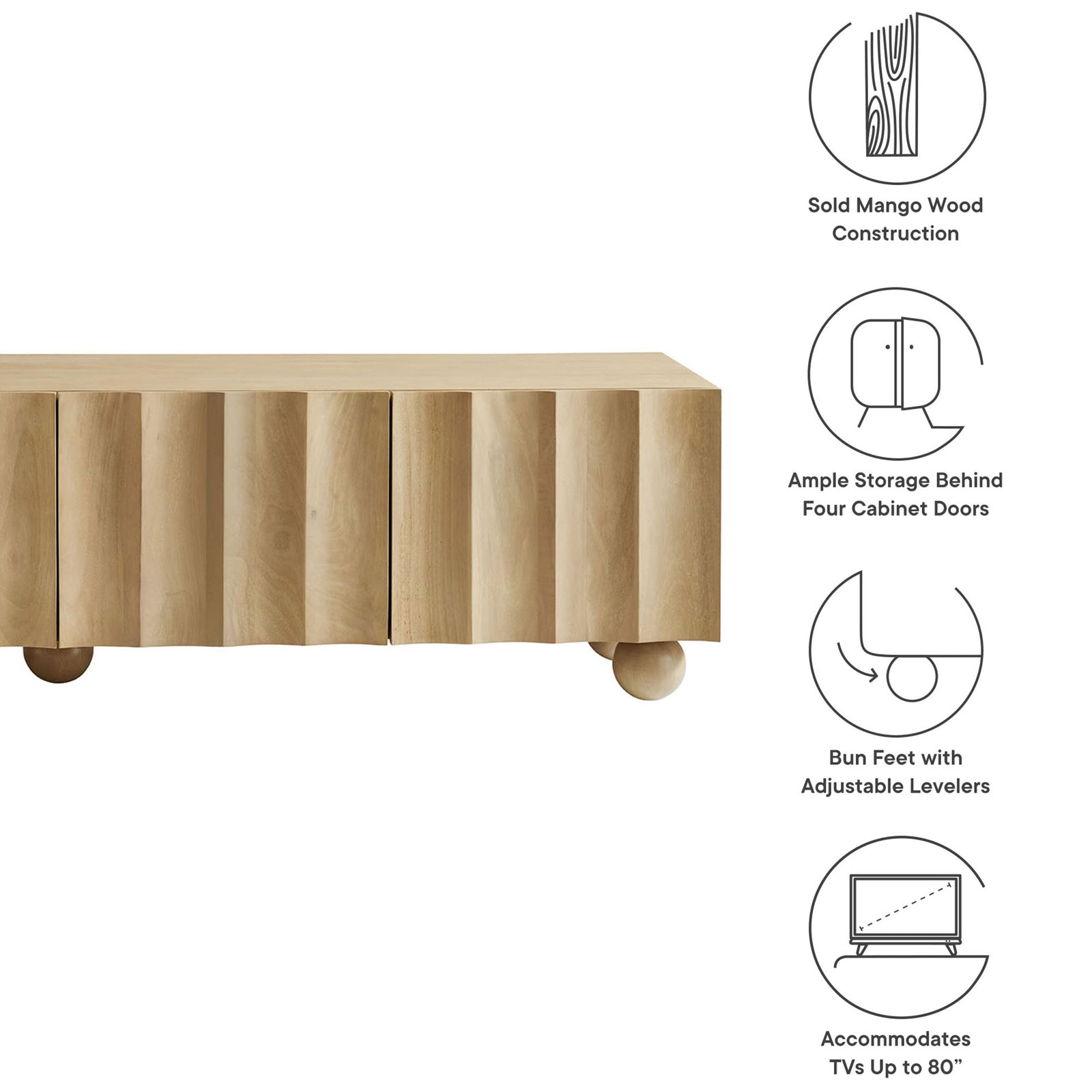 Natural solid wood TV stand feature graphic highlighting storage, bun feet, and TV size compatibility || EEI-7184-NAT || callout_studio