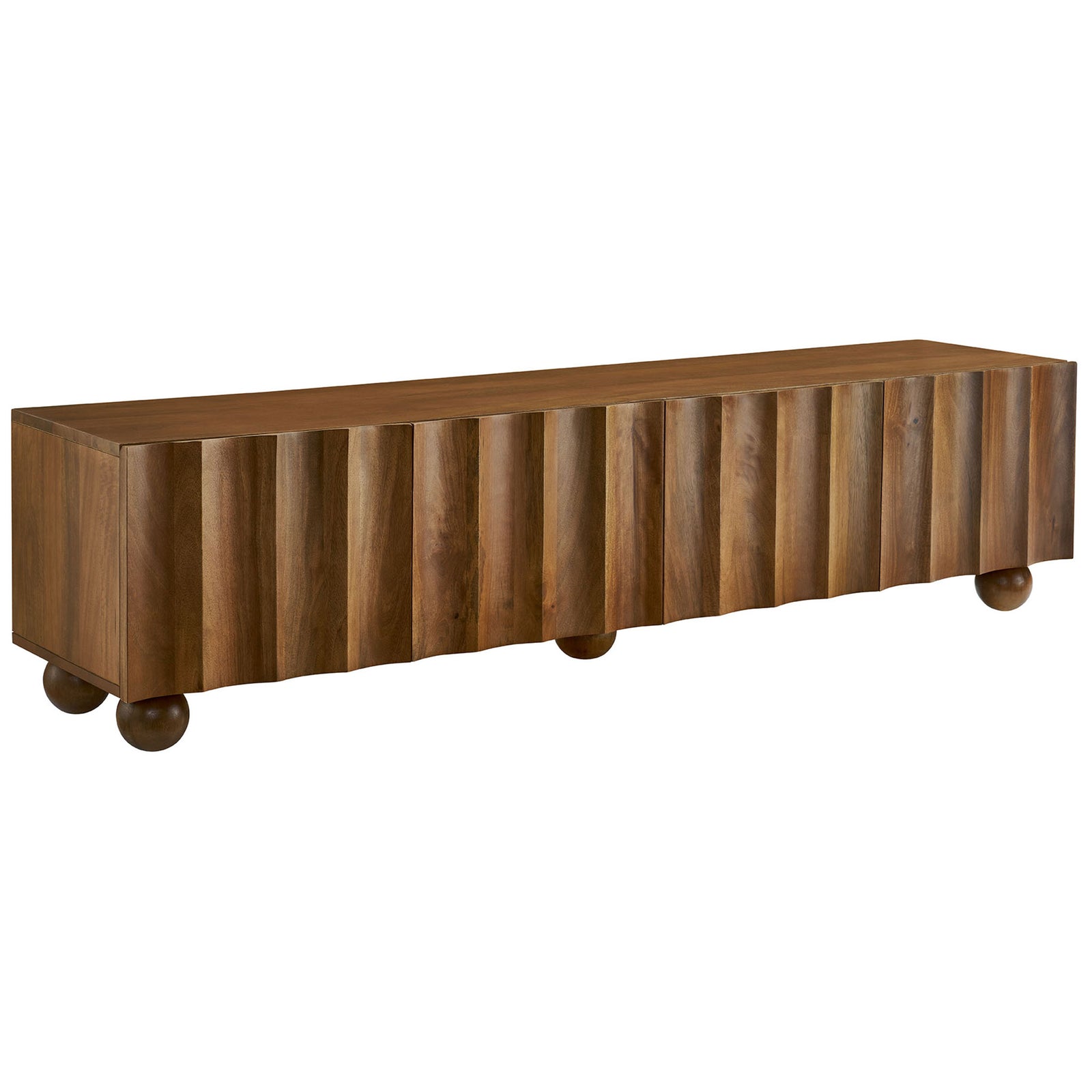 Long walnut wood TV stand with scalloped four-door front and rounded bun feet for generous storage || EEI-7184-WAL || front_angle_studio