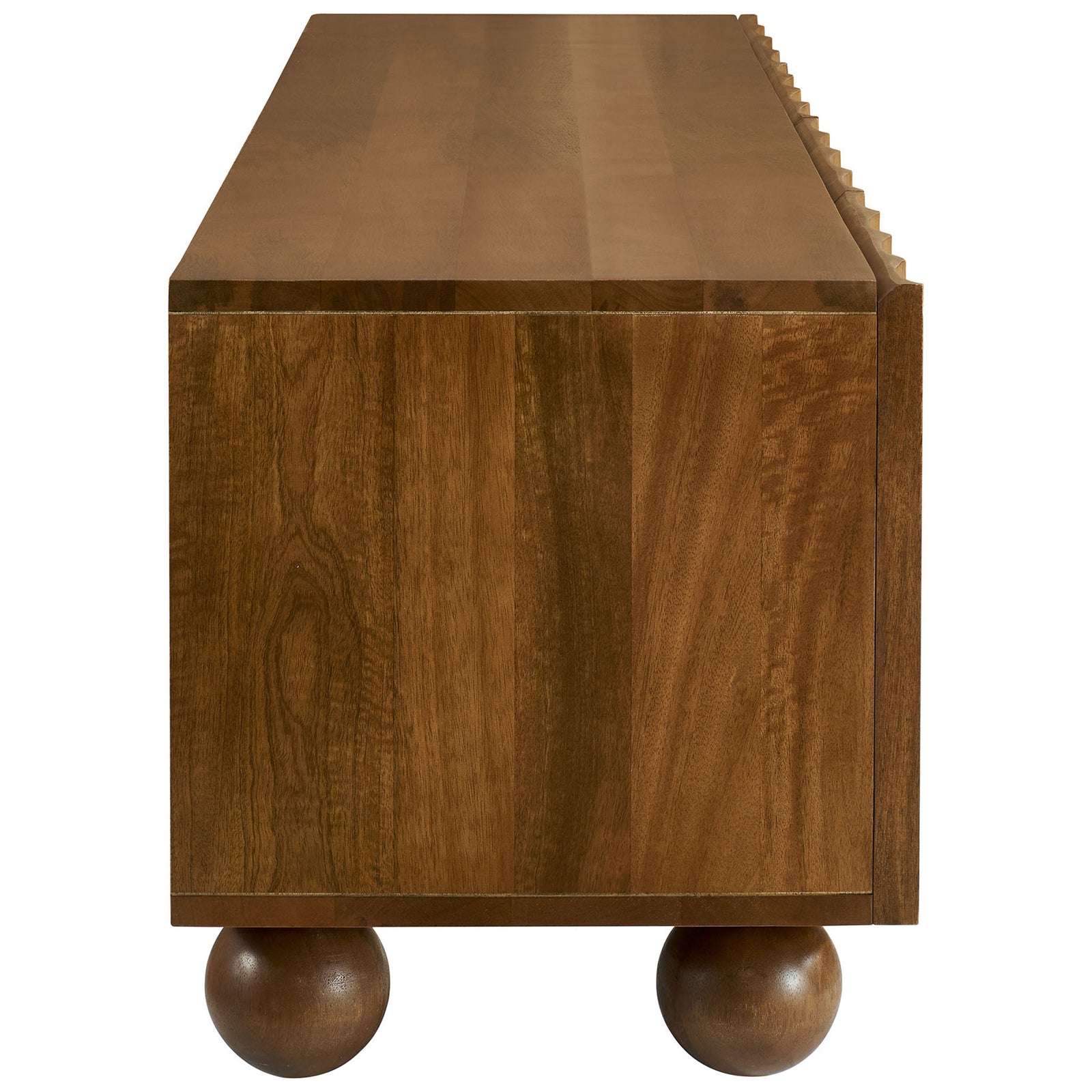 Walnut TV stand emphasizing smooth side panels, rich grain, and spherical bun feet || EEI-7184-WAL || side_studio