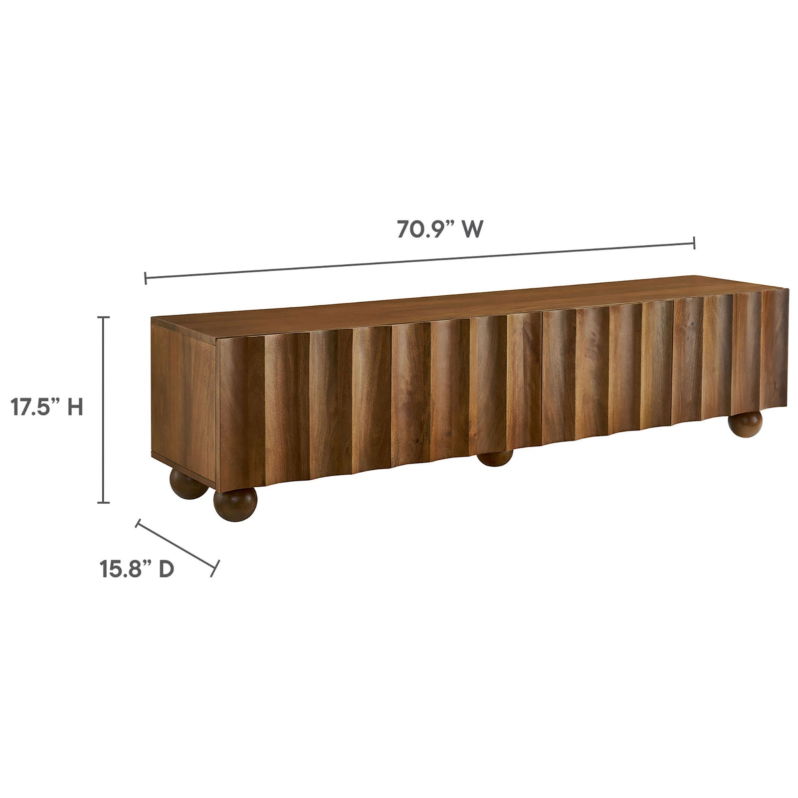 Walnut TV stand with labeled size measurements to help plan and space a media setup || EEI-7184-WAL || dimension_studio