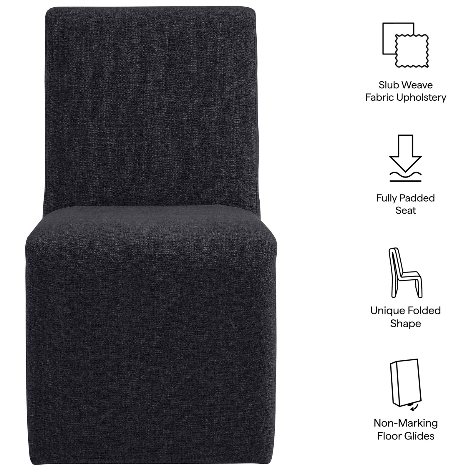 Ebony Emory dining chair with icons highlighting padded seat folded shape and floor glides || EEI-7185-EBO || callout_studio