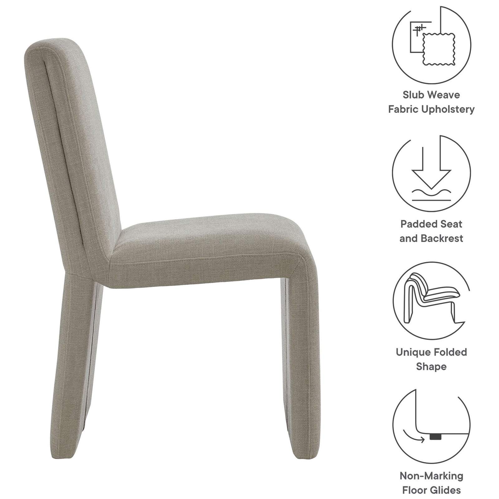 Feature overview of the Emory upholstered dining chair with fabric padding and glide benefits || EEI-7185-LIN || callout_studio