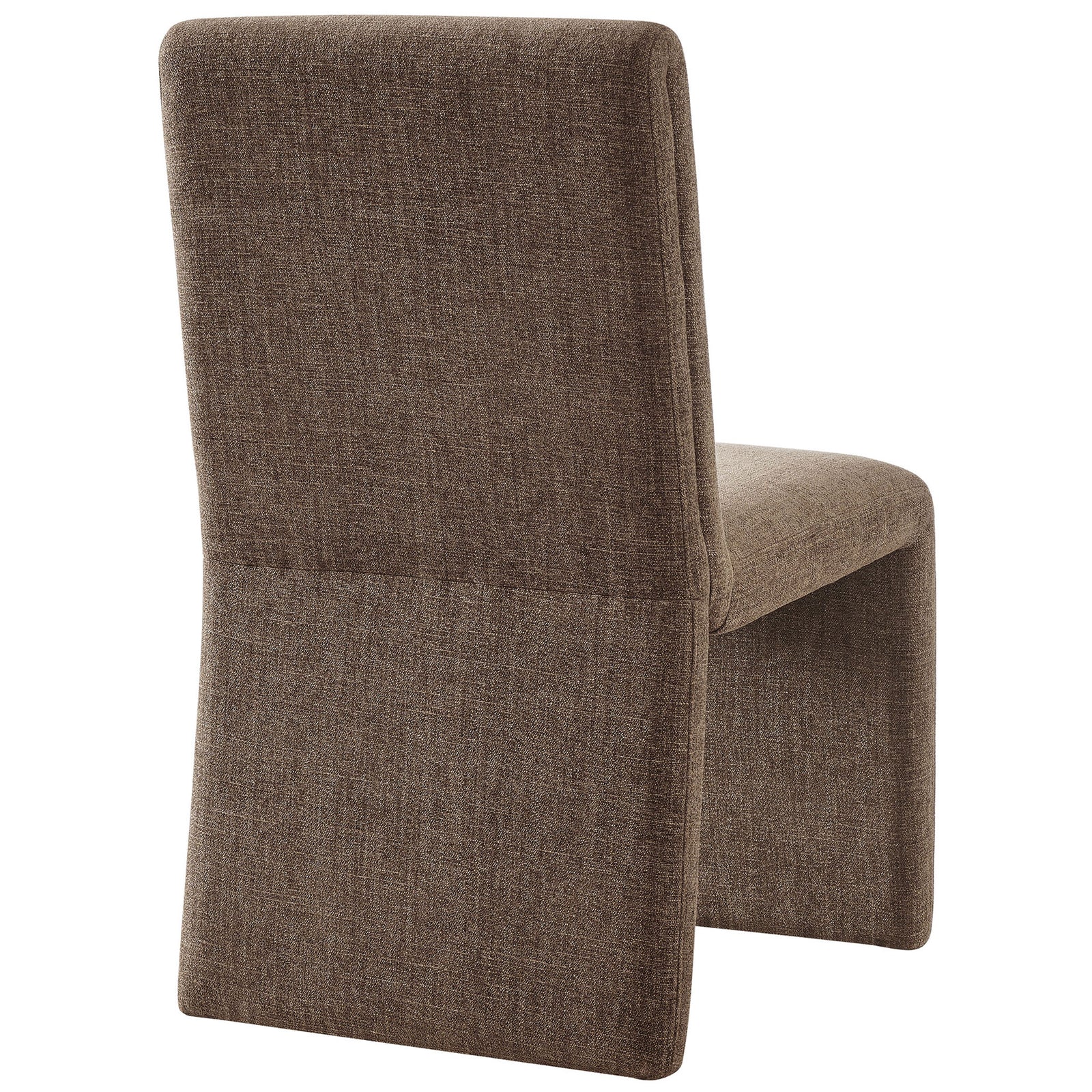 Back of the mocha upholstered chair with clean tailoring and smooth full-length fabric panel. || EEI-7185-MOC || back_angle_studio