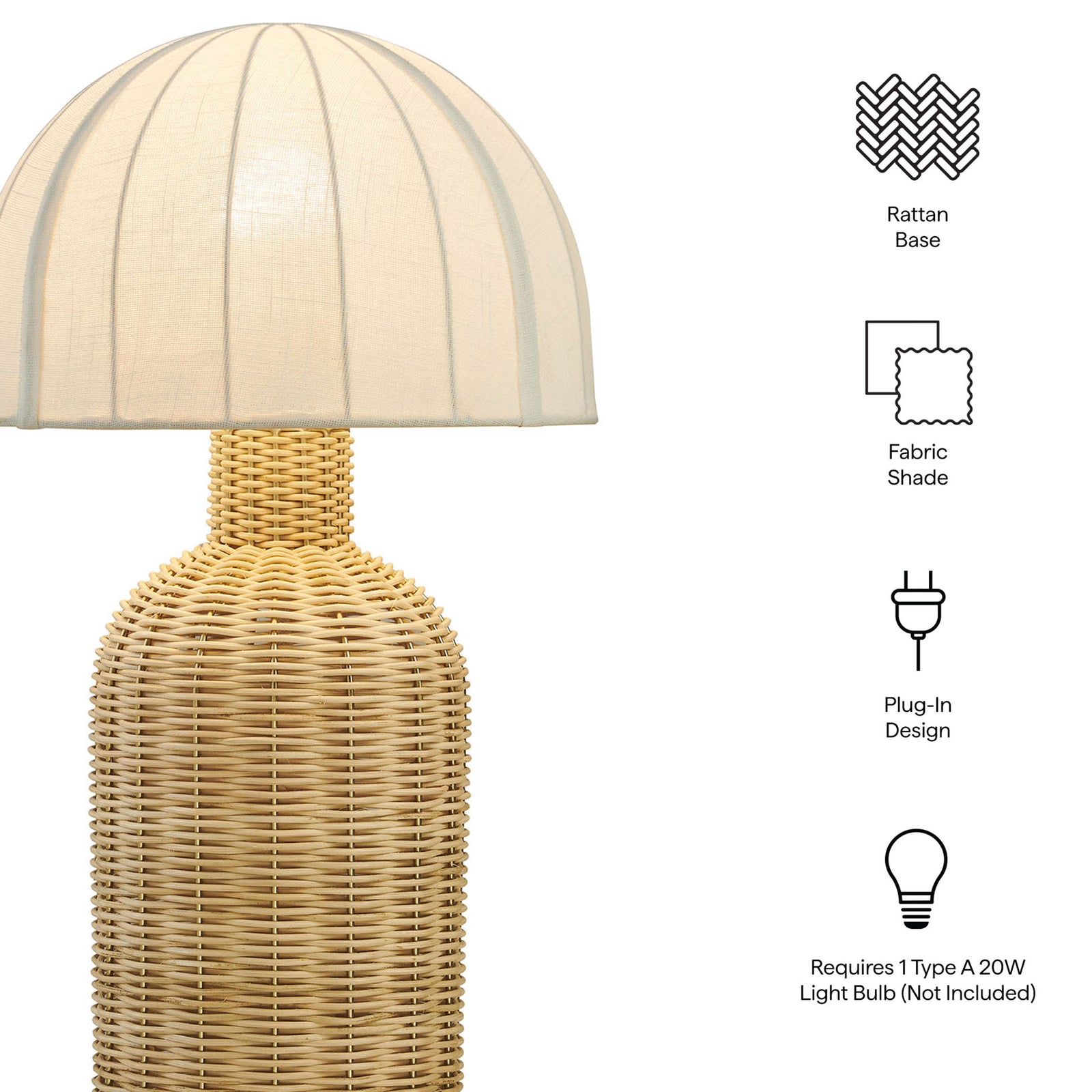 Key features of Santo rattan table lamp showing rattan base, fabric shade, plug in design, and bulb requirement || EEI-7186-WHI-NAT || callout_studio