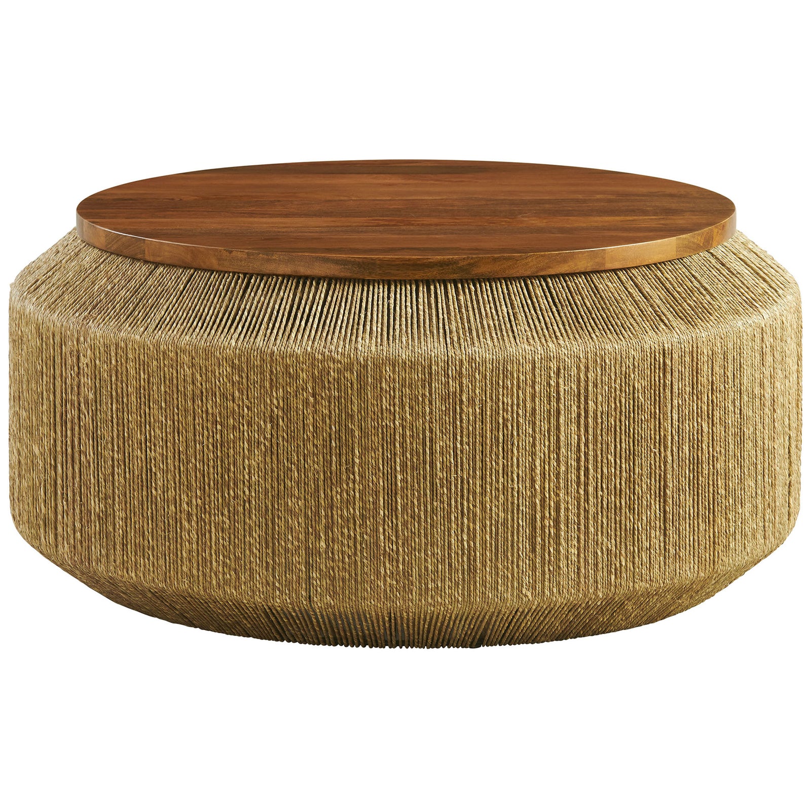 Round coffee table with handwoven seagrass drum base and warm mango wood top || EEI-7187-WAL-NAT || front_studio