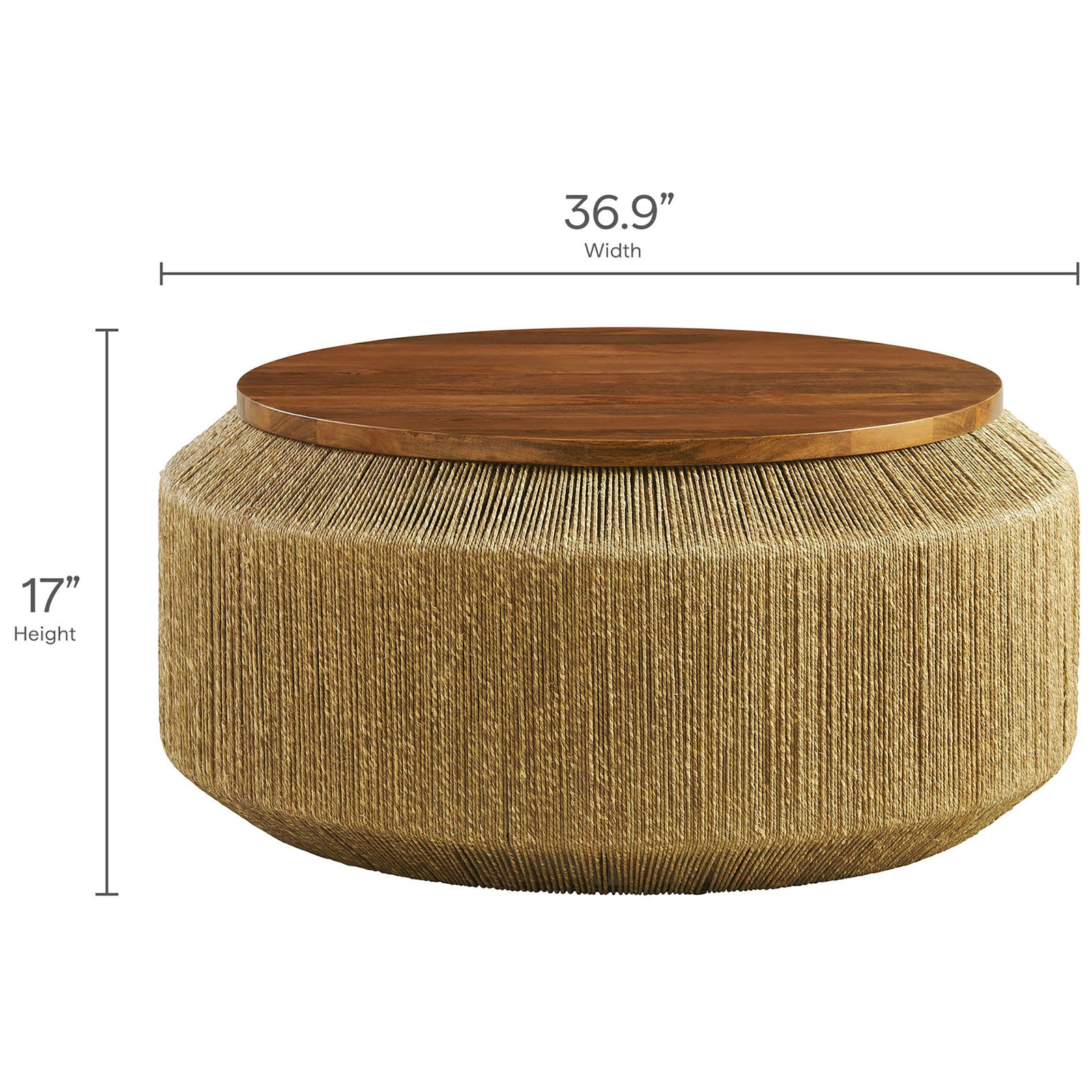 Round coffee table measuring 36.9 inches wide and 17 inches high with a warm mango wood top || EEI-7187-WAL-NAT || dimension_studio