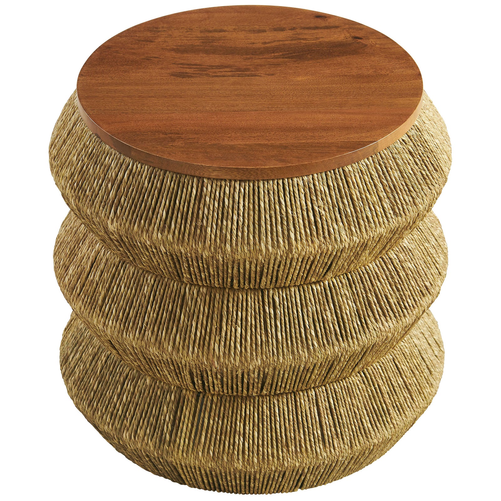 Top view of mango wood tabletop over sculpted seagrass base || EEI-7188-WAL-NAT || top_studio