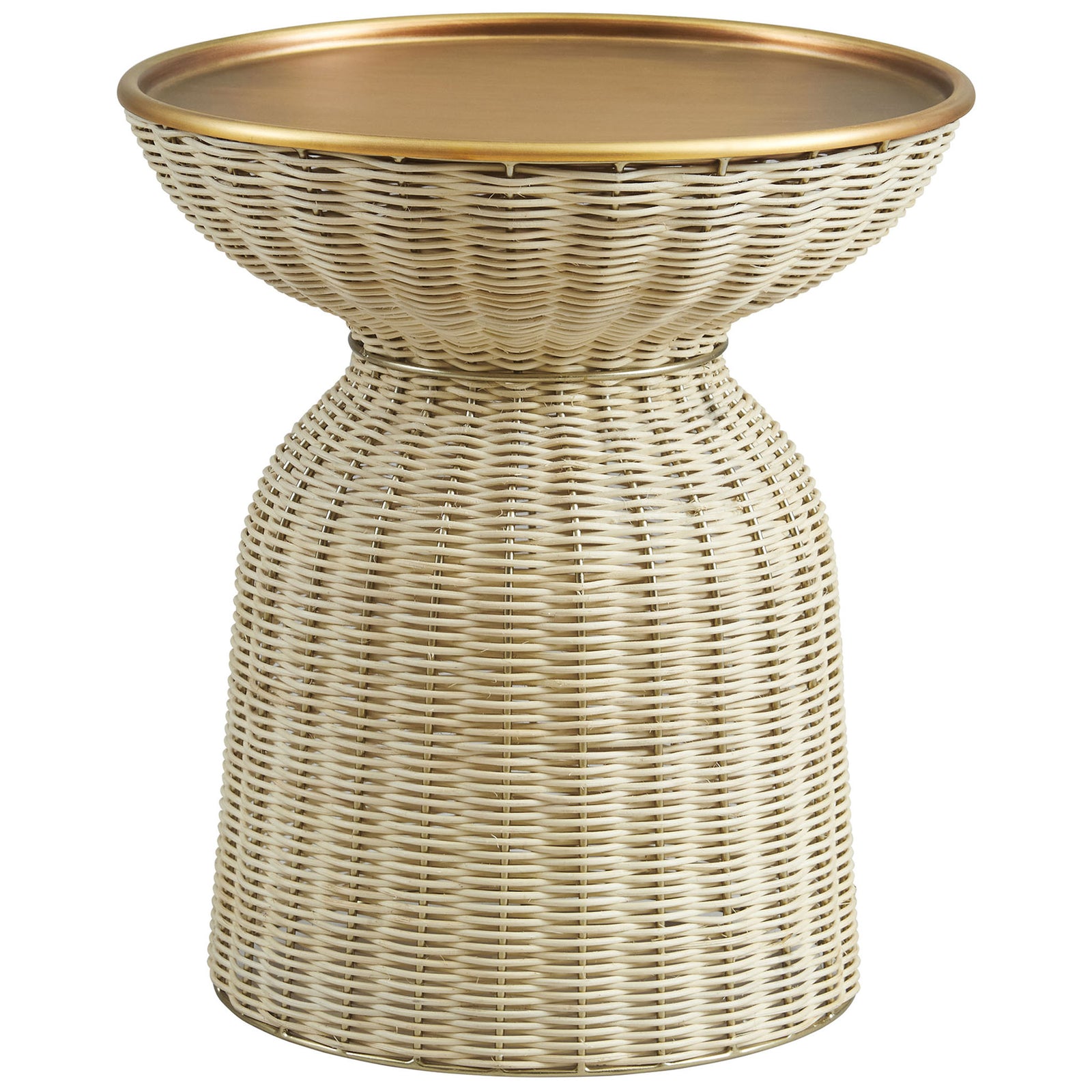 Hourglass rattan side table with warm brass tray top adds sculptural texture to your living space. || EEI-7189-BBR-NAT || front_angle_studio