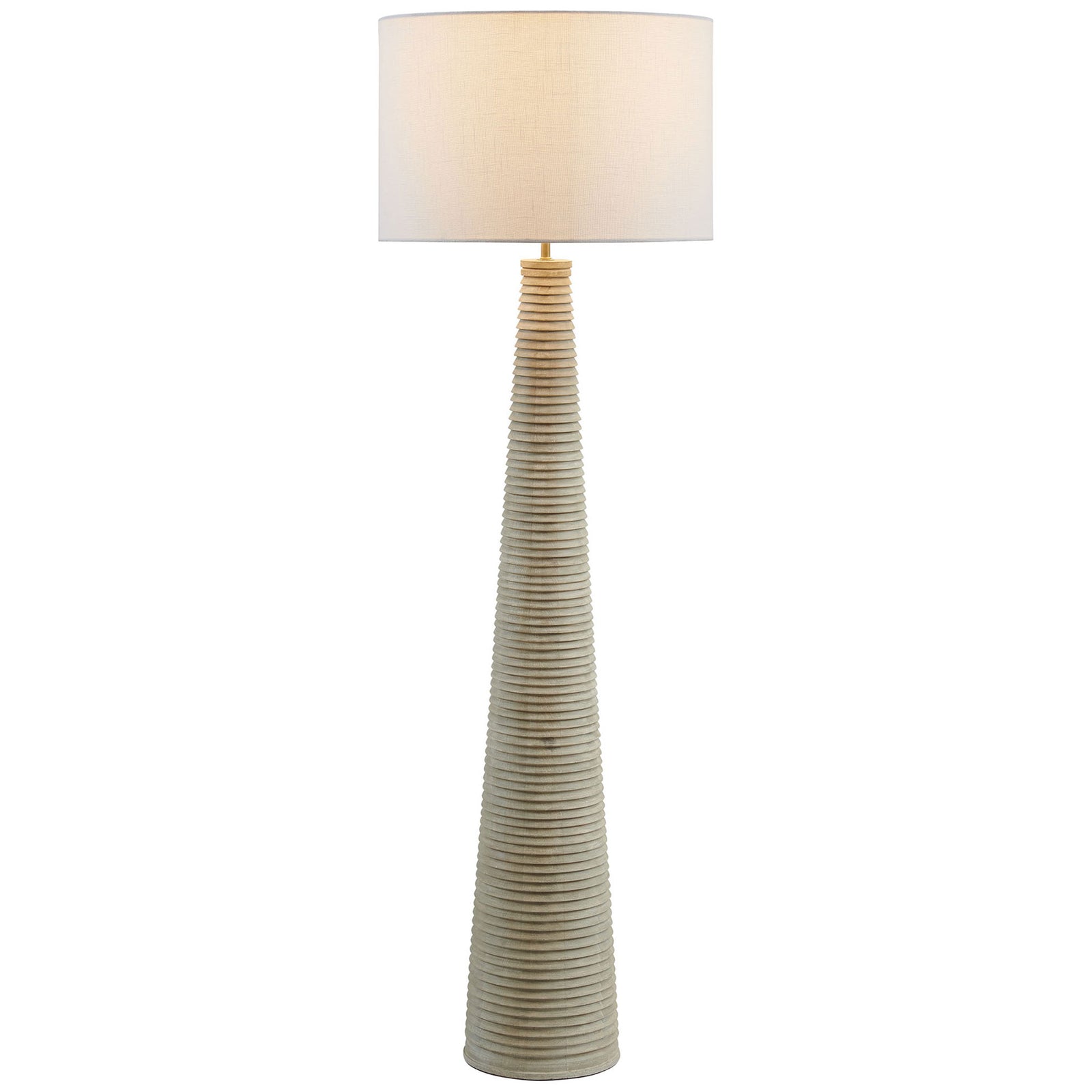 Ribbed wood floor lamp with white drum shade casting a warm, inviting glow || EEI-7190-WHI-GRY || front_on_studio