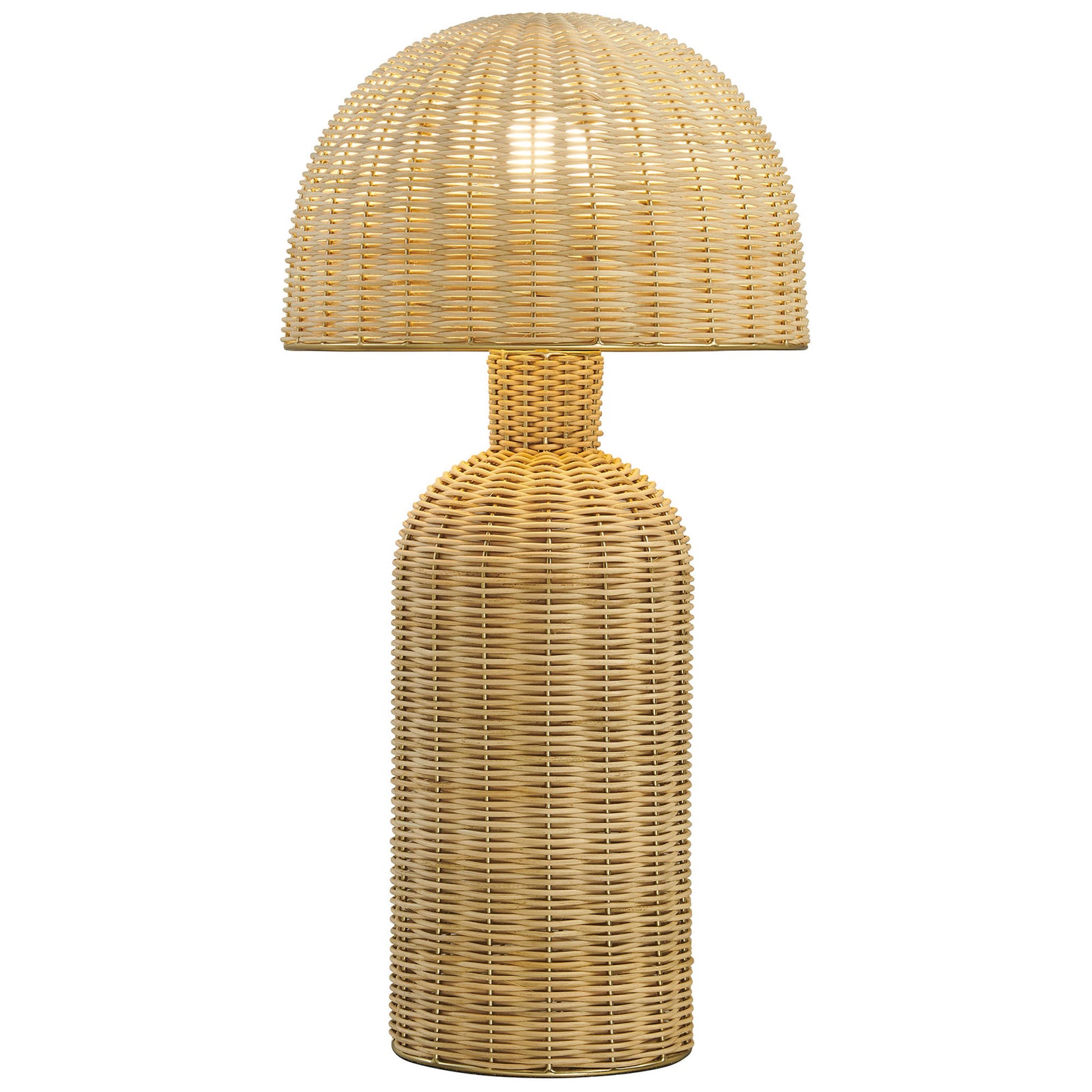 Warmly glowing Briar rattan table lamp with dome shade and rounded woven base || EEI-7191-NAT || front_on_studio