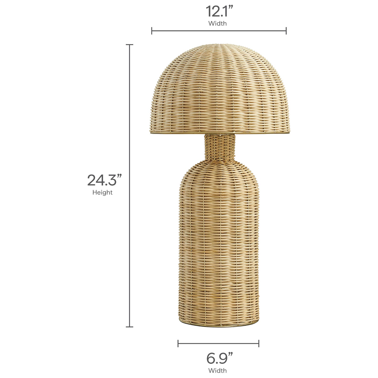 Briar rattan table lamp shown with overall height and width measurements in inches || EEI-7191-NAT || dimension_studio