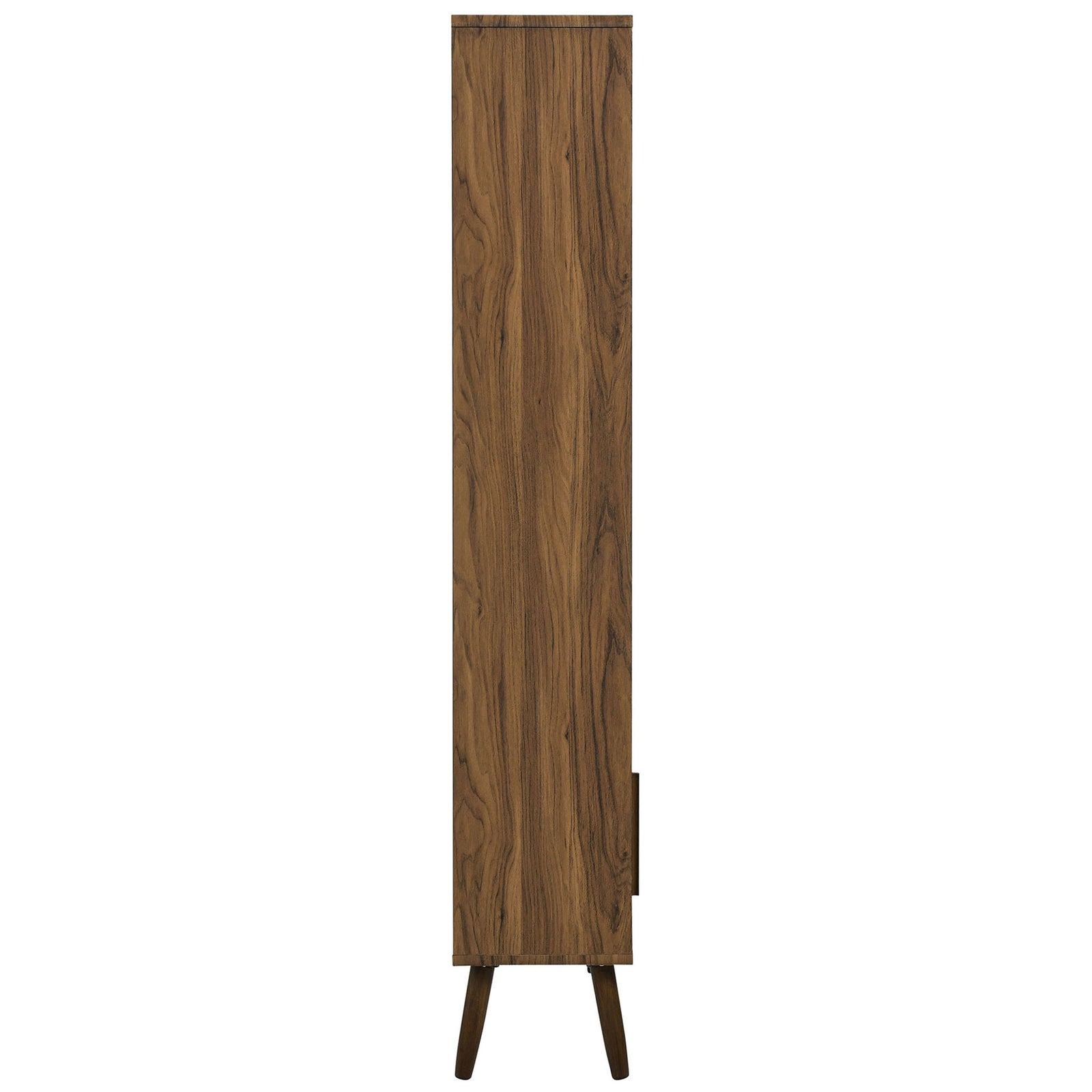 Slim silhouette highlights the narrow depth and walnut wood grain, anchored by splayed dowel legs. || EEI-7193-WAL-LIN || side_studio
