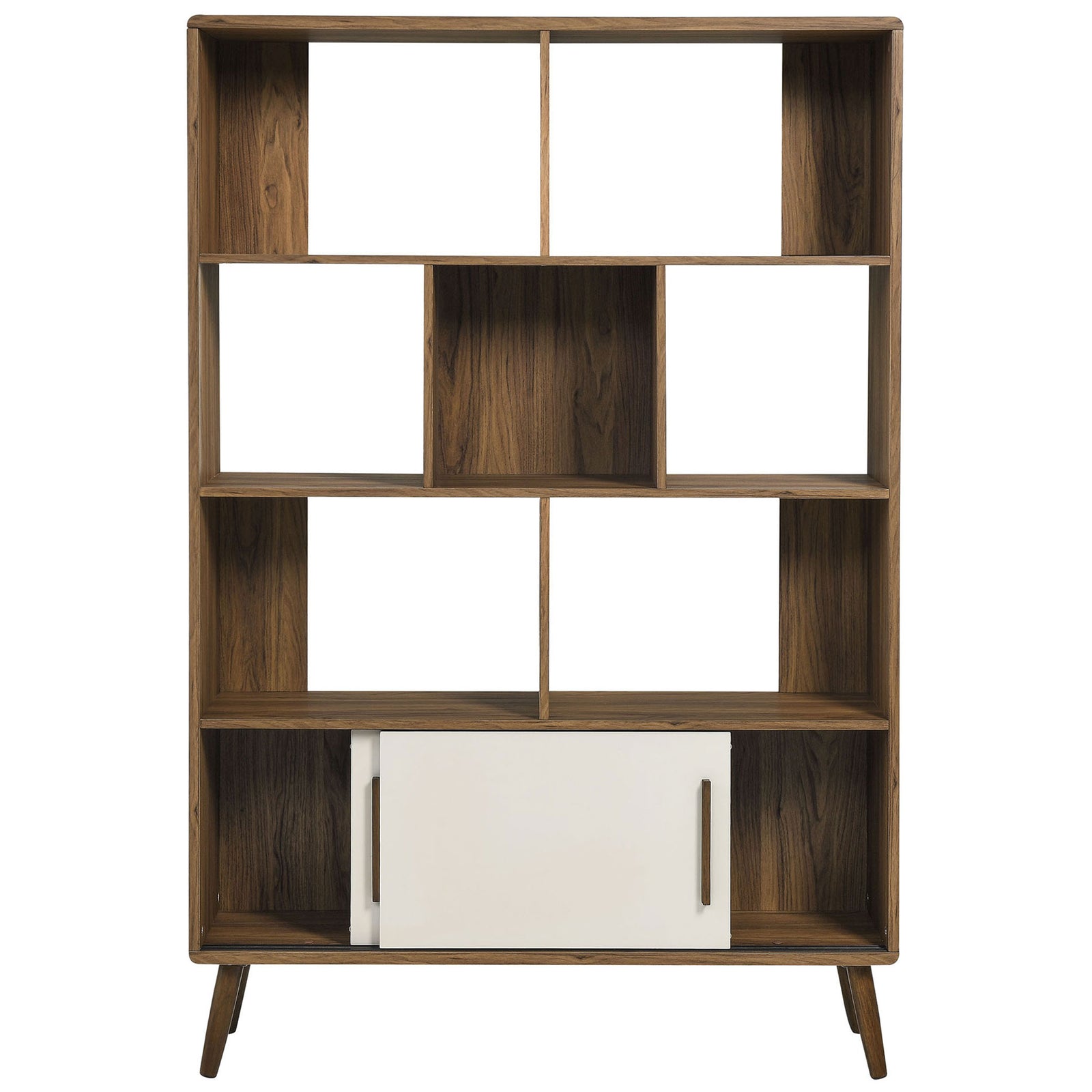 Sliding doors glide to reveal a spacious concealed compartment beneath the open shelving. || EEI-7193-WAL-LIN || front_open_studio