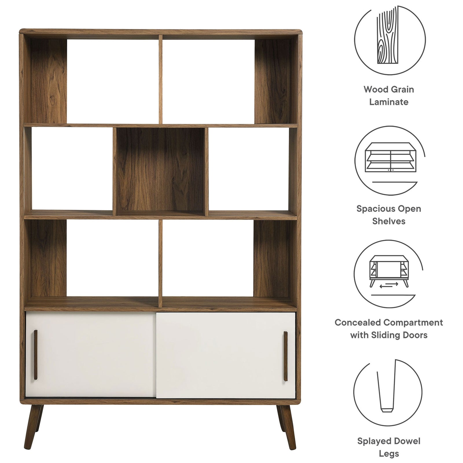 Feature highlights include wood grain laminate, open shelves, concealed storage, and splayed dowel legs. || EEI-7193-WAL-LIN || callout_studio