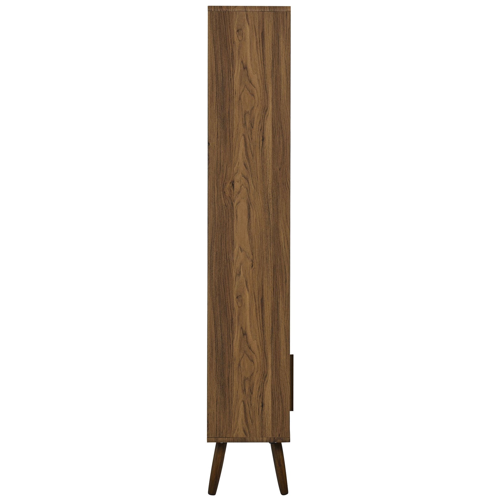 Slim-profile walnut bookcase highlighting narrow depth and wood grain side panels || EEI-7193-WAL || side_studio