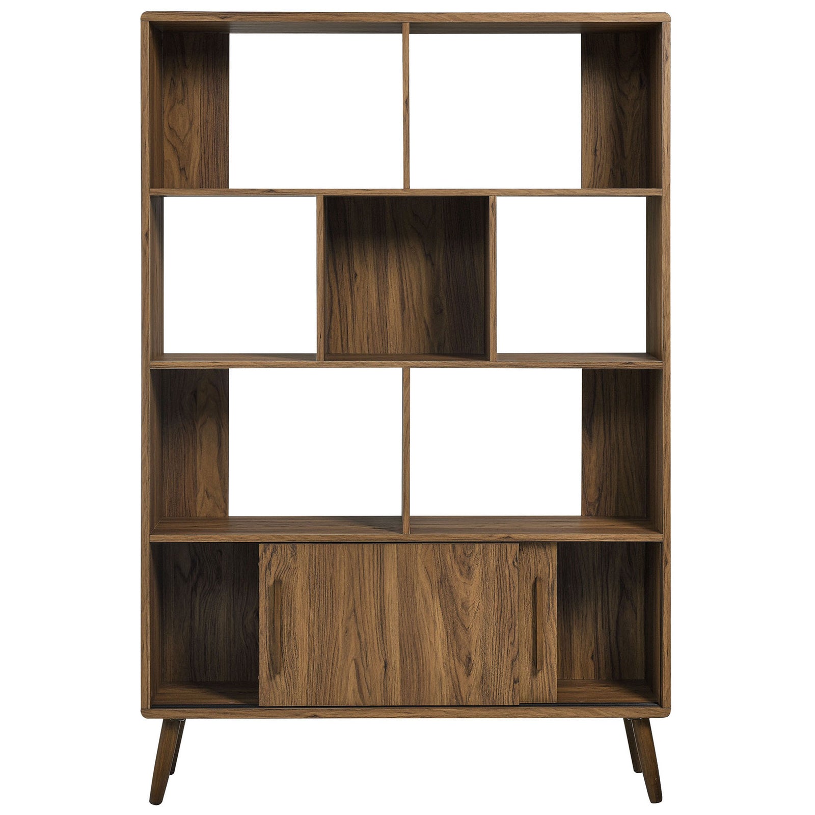Sliding doors reveal concealed storage beneath the open display shelves || EEI-7193-WAL || front_open_studio