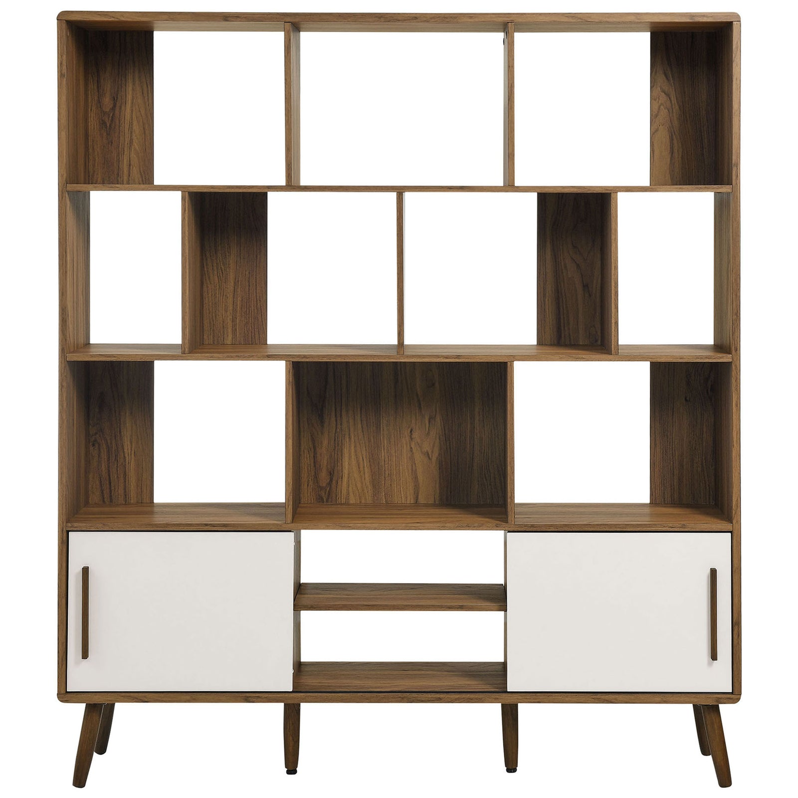 Mid-century walnut bookcase with white sliding doors, ten display cubbies, and splayed dowel legs || EEI-7194-WAL-LIN || front_studio
