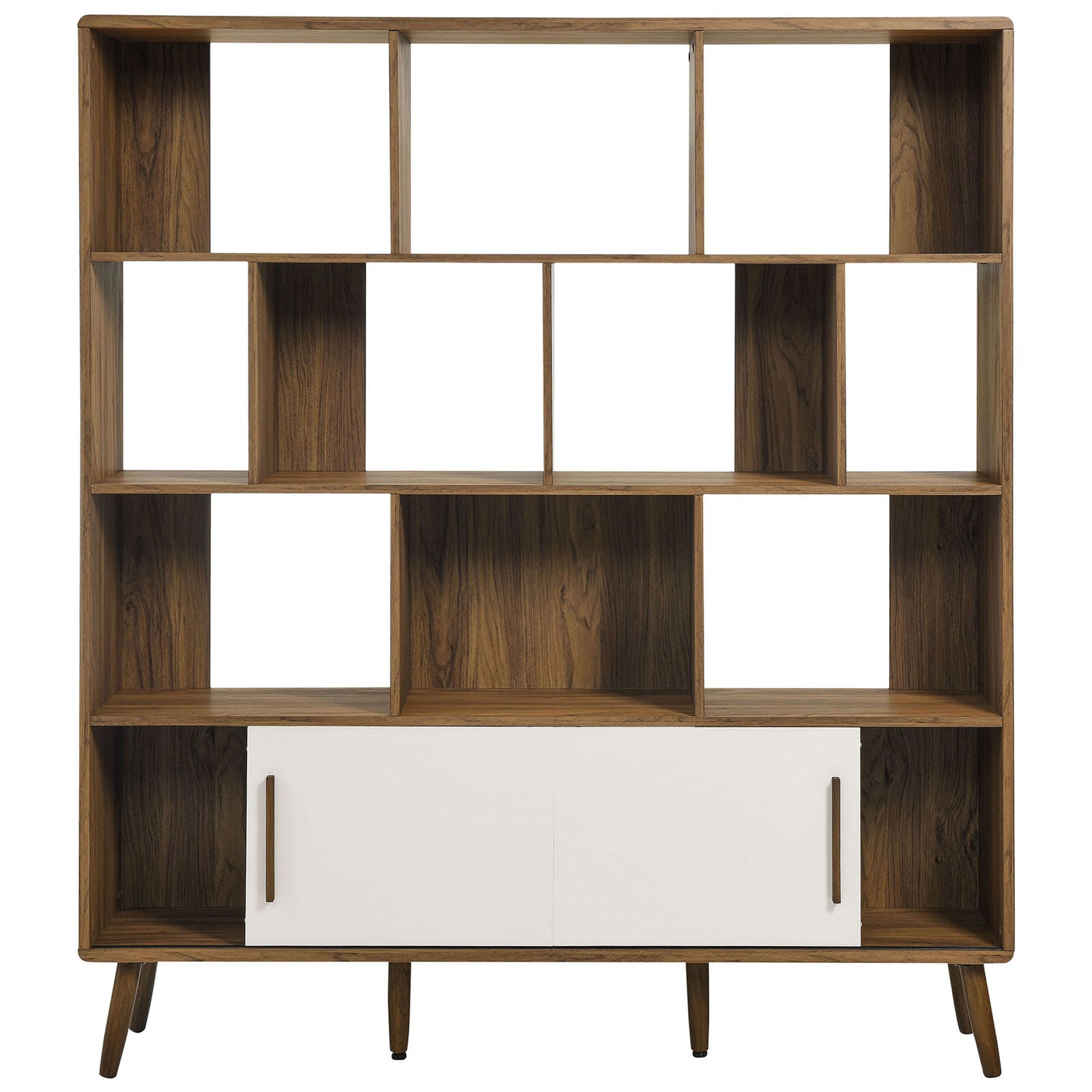 Walnut bookcase with sliding white doors revealing spacious side cabinets and versatile display storage || EEI-7194-WAL-LIN || front_open_studio