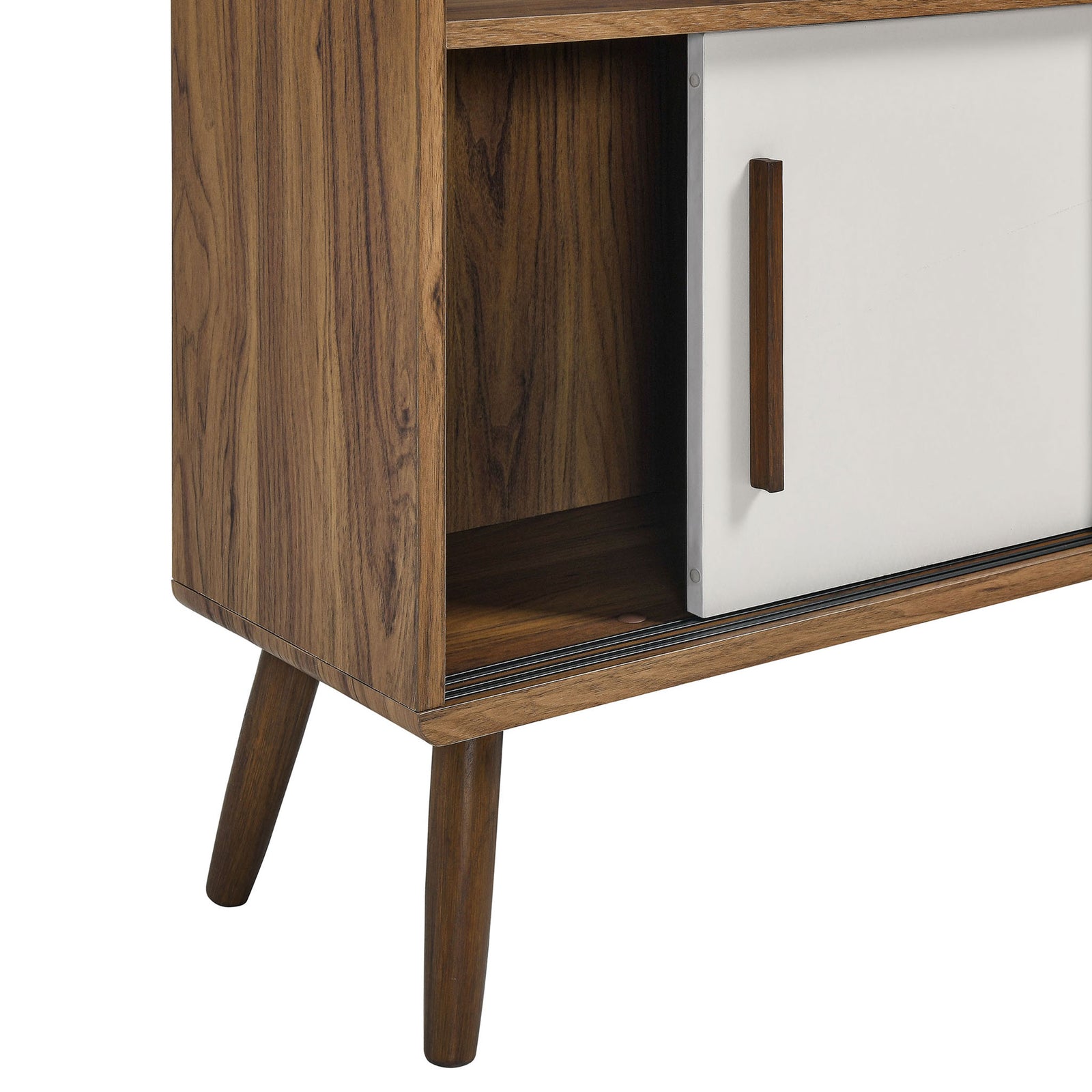 Smooth-sliding track and sculpted handle pair with tapered legs for a refined mid-century finish || EEI-7194-WAL-LIN || storage_open_studio