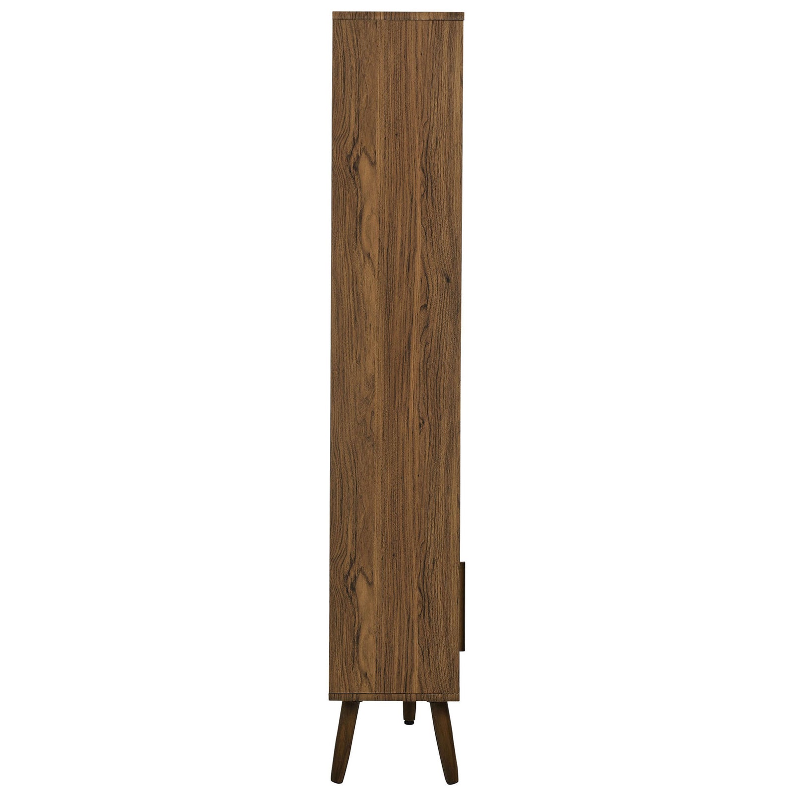 Slim profile shows the sturdy case and splayed dowel legs in a warm walnut finish || EEI-7194-WAL || side_studio