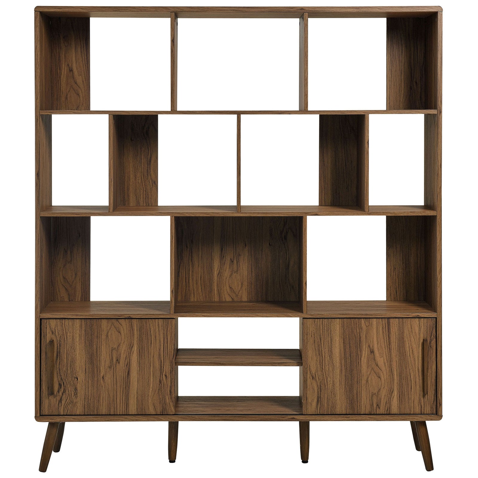 Crisp walnut bookcase with ten open cubbies and lower sliding door storage || EEI-7194-WAL || front_studio