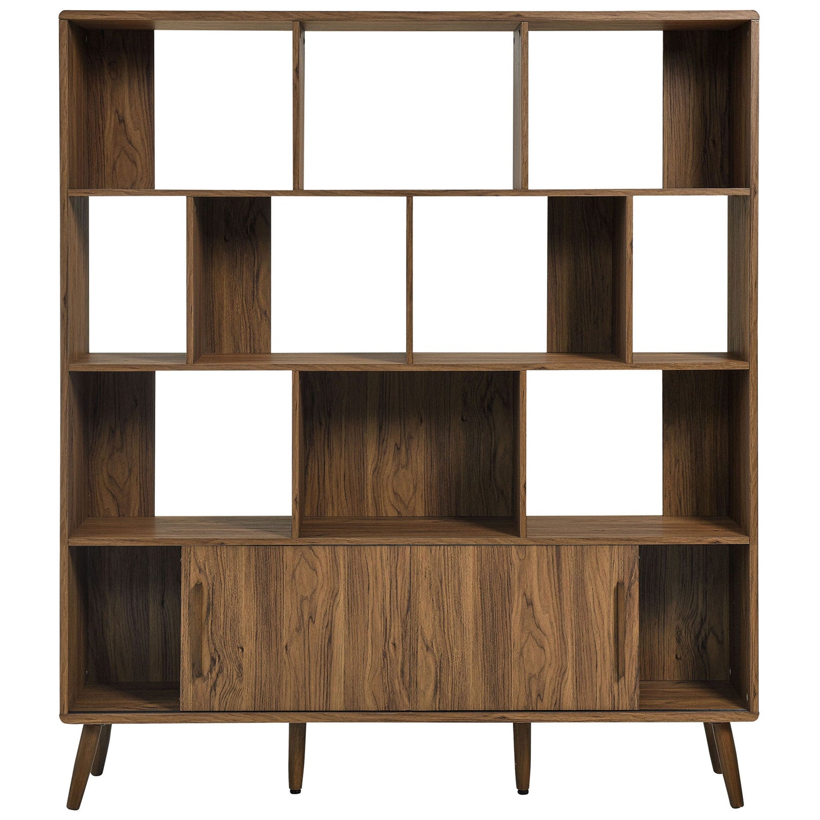 Versatile sliding doors conceal lower shelves to keep clutter out of sight || EEI-7194-WAL || front_open_studio