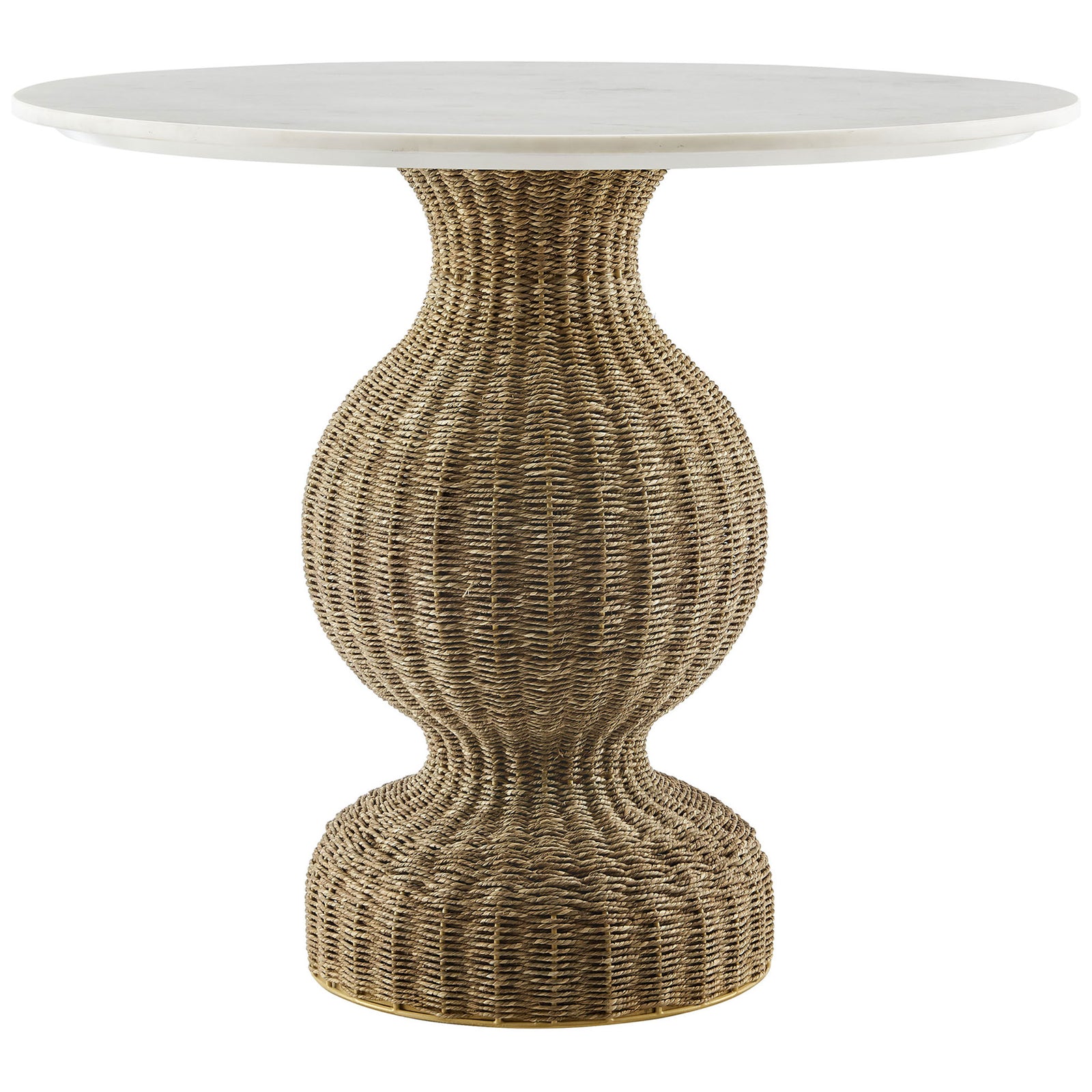 Round marble dining table with sculptural handwoven seagrass pedestal and warm coastal character || EEI-7195-WHI-NAT || front_studio