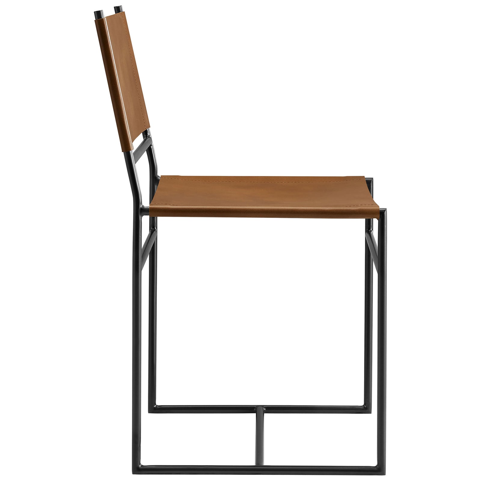 Sleek tan leather dining chair with slender black metal frame and airy sled base design || EEI-7196-TAN || side_studio