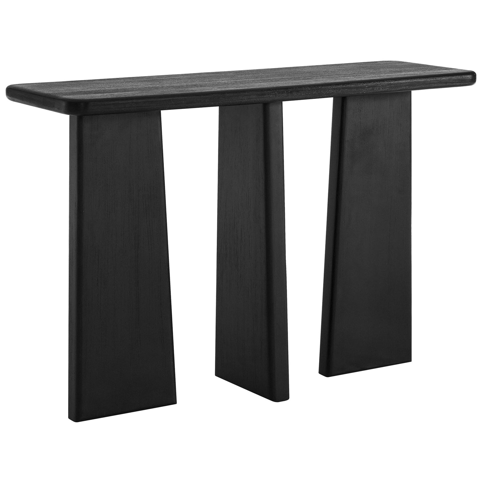 Sculptural black mango wood console table with three angular legs and a rounded top || EEI-7197-BLK || front_angle_studio