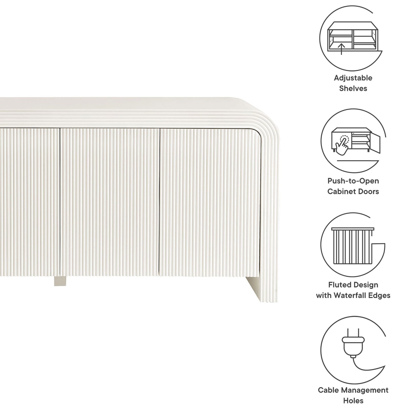 Feature graphic highlighting adjustable shelves, push-to-open doors, fluted design, and cable management holes || EEI-7198-IVO || callout_studio