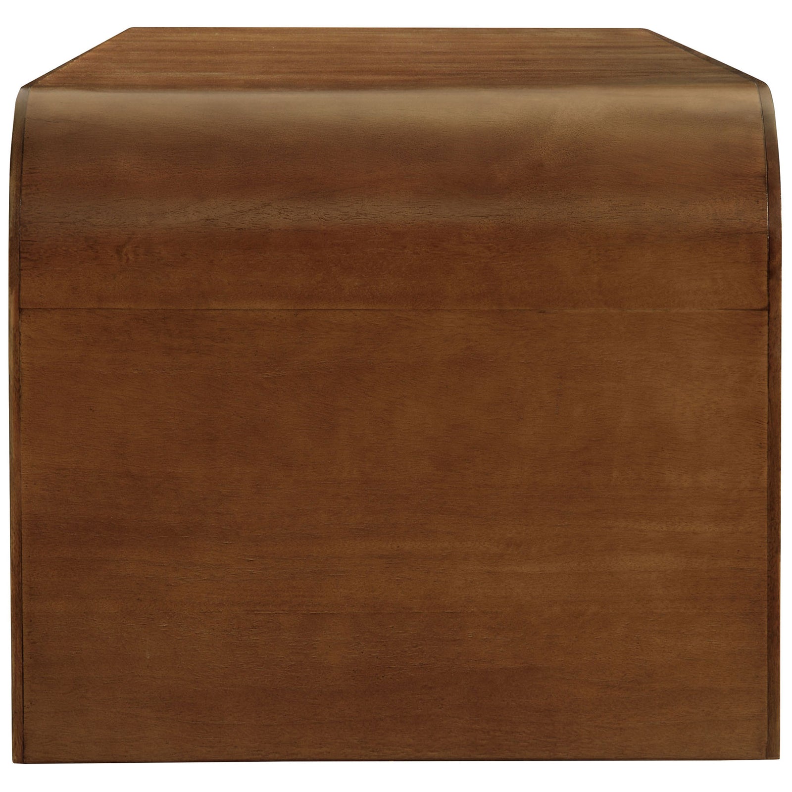 Smooth walnut veneer side profile showcases the cabinet's curved waterfall top and clean minimalist lines || EEI-7198-WAL || side_studio