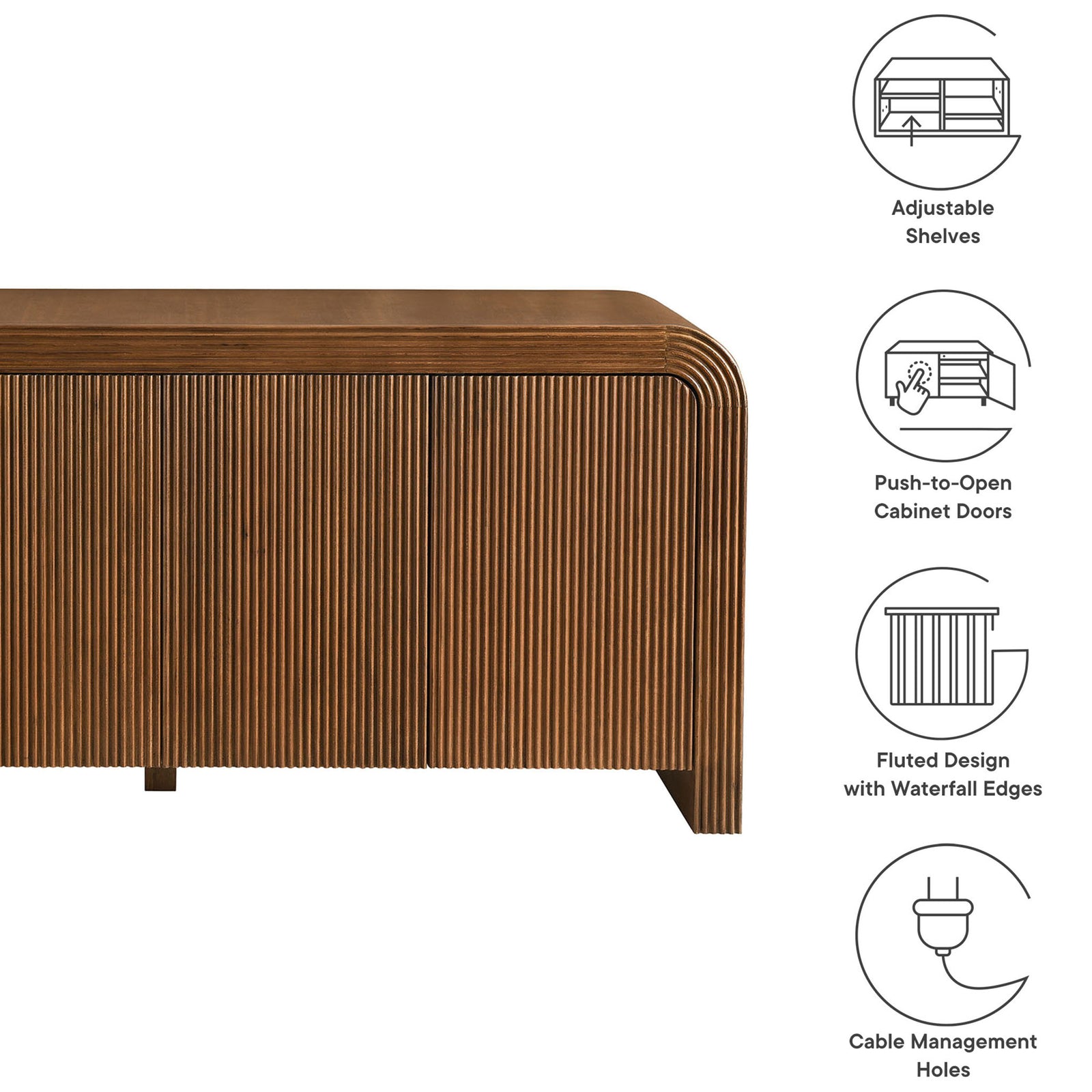 Diagram calling out adjustable shelves, push-to-open doors, fluted design, and cable management on the walnut sideboard || EEI-7198-WAL || callout_studio