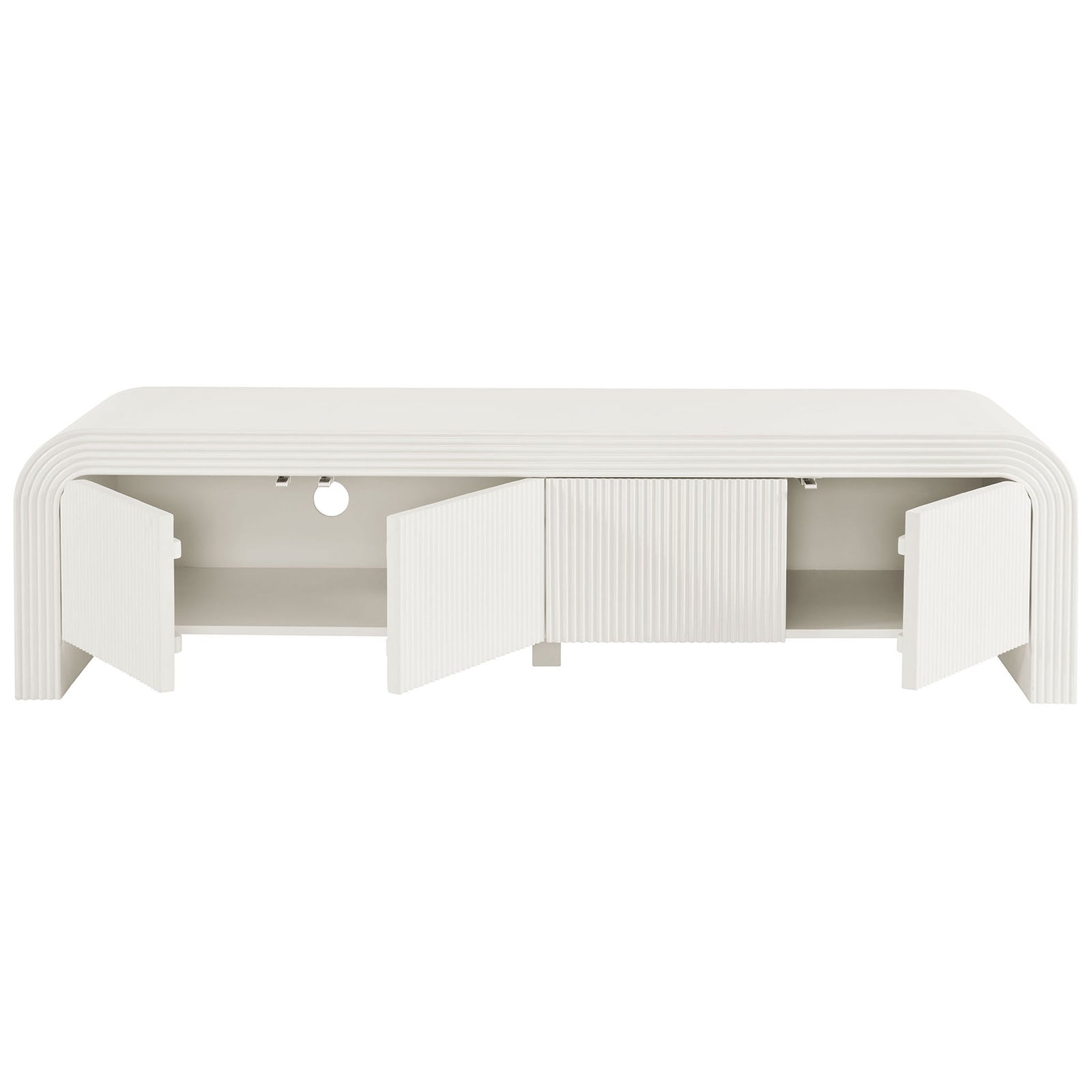 White matte TV stand with four doors open revealing spacious shelves and tidy cable management || EEI-7199-IVO || front_open_studio