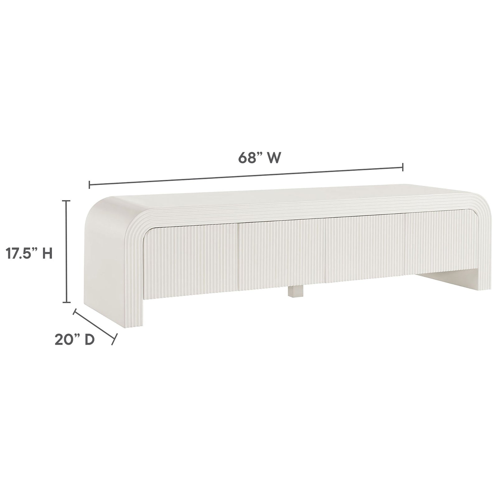 Dimension graphic shows the 68 inch wide Waterflute white TV stand with 20 inch depth and 17.5 inch height || EEI-7199-IVO || dimension_studio