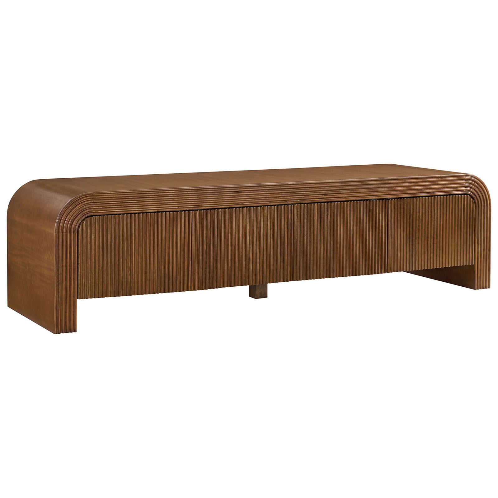 Walnut fluted TV stand with waterfall edges and sleek low-profile silhouette || EEI-7199-WAL || front_angle_studio